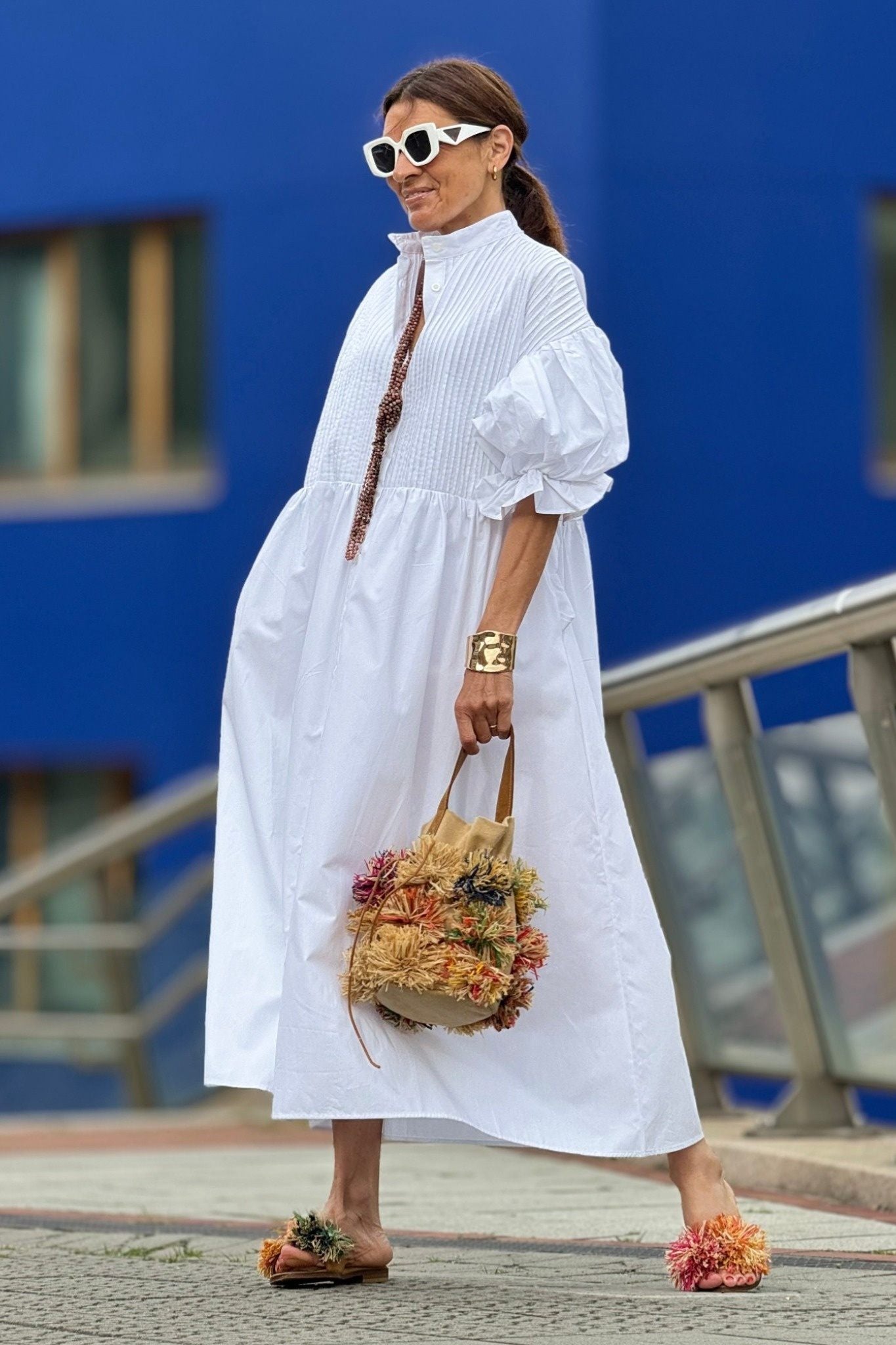 Ezabutus Oversized Puff Sleeve Cotton Midi Shirt Dress With Pockets