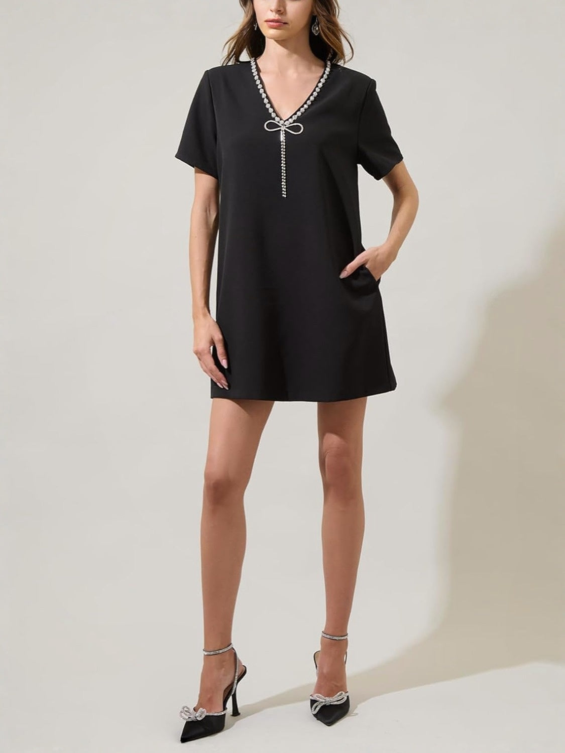 Yexpine V Neck Rhinestone Party Mini Dress With Bow