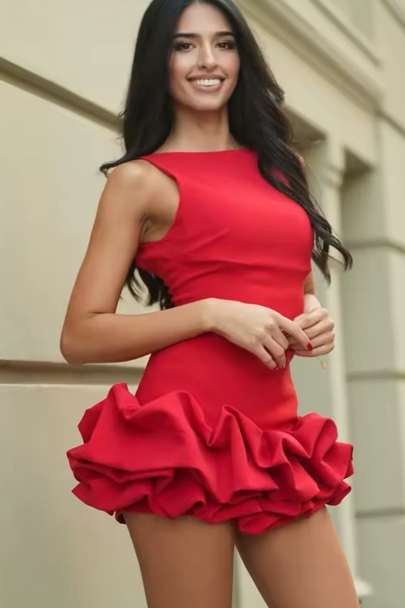 Ezabutus Bubble Hem Ruffle Sleeveless Mini Dress With Built In Shorts