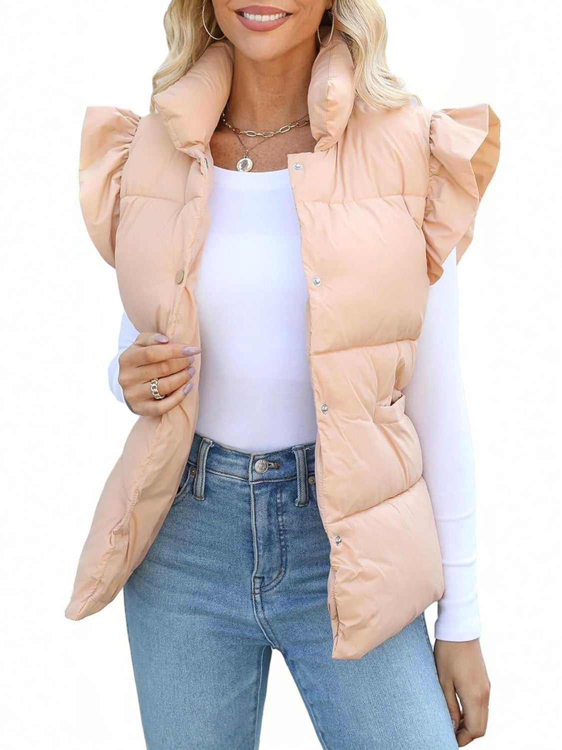 Kedera Ruffle Sleeve Puffer Vest With Pockets
