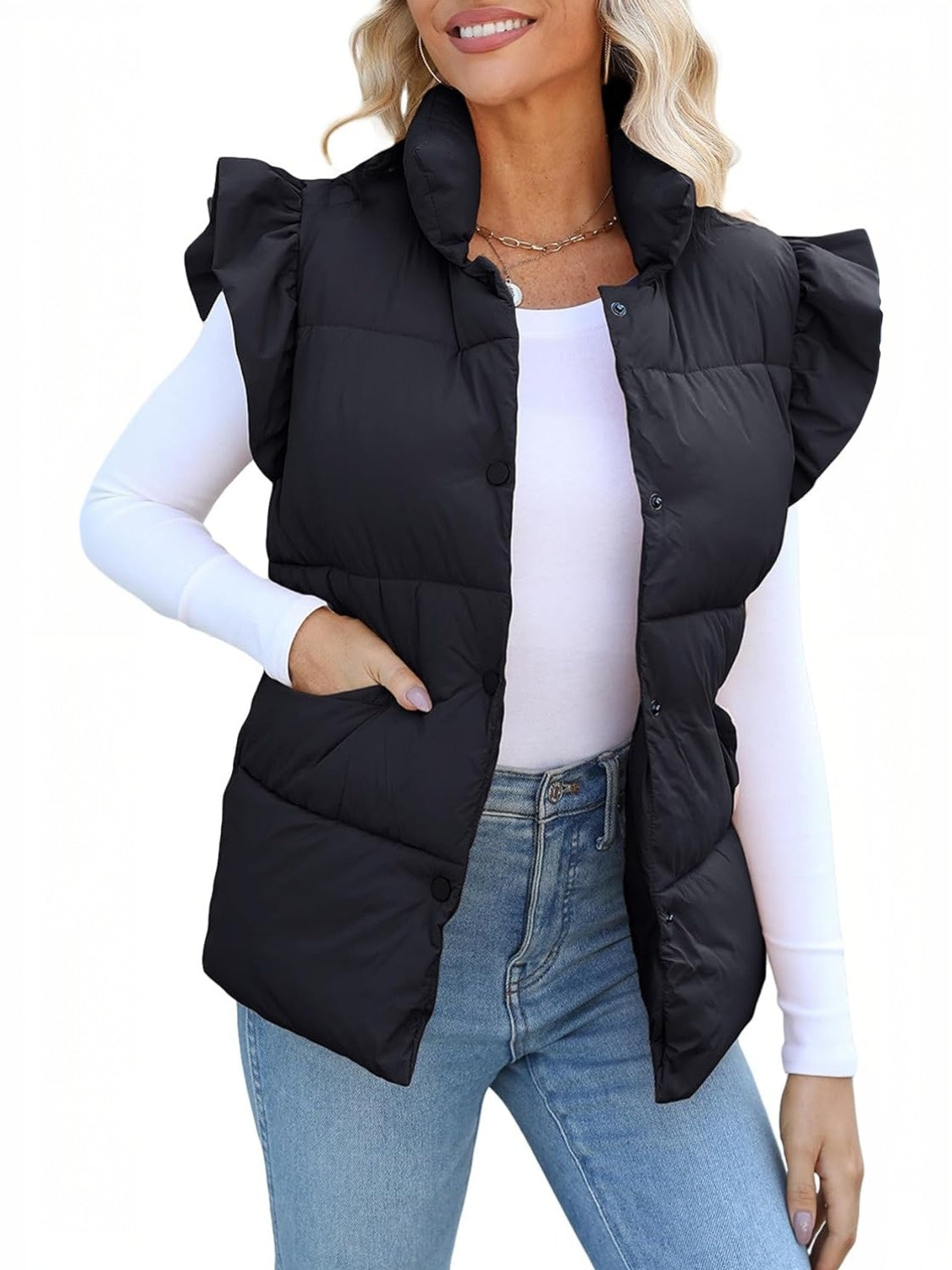 Kedera Ruffle Sleeve Puffer Vest With Pockets