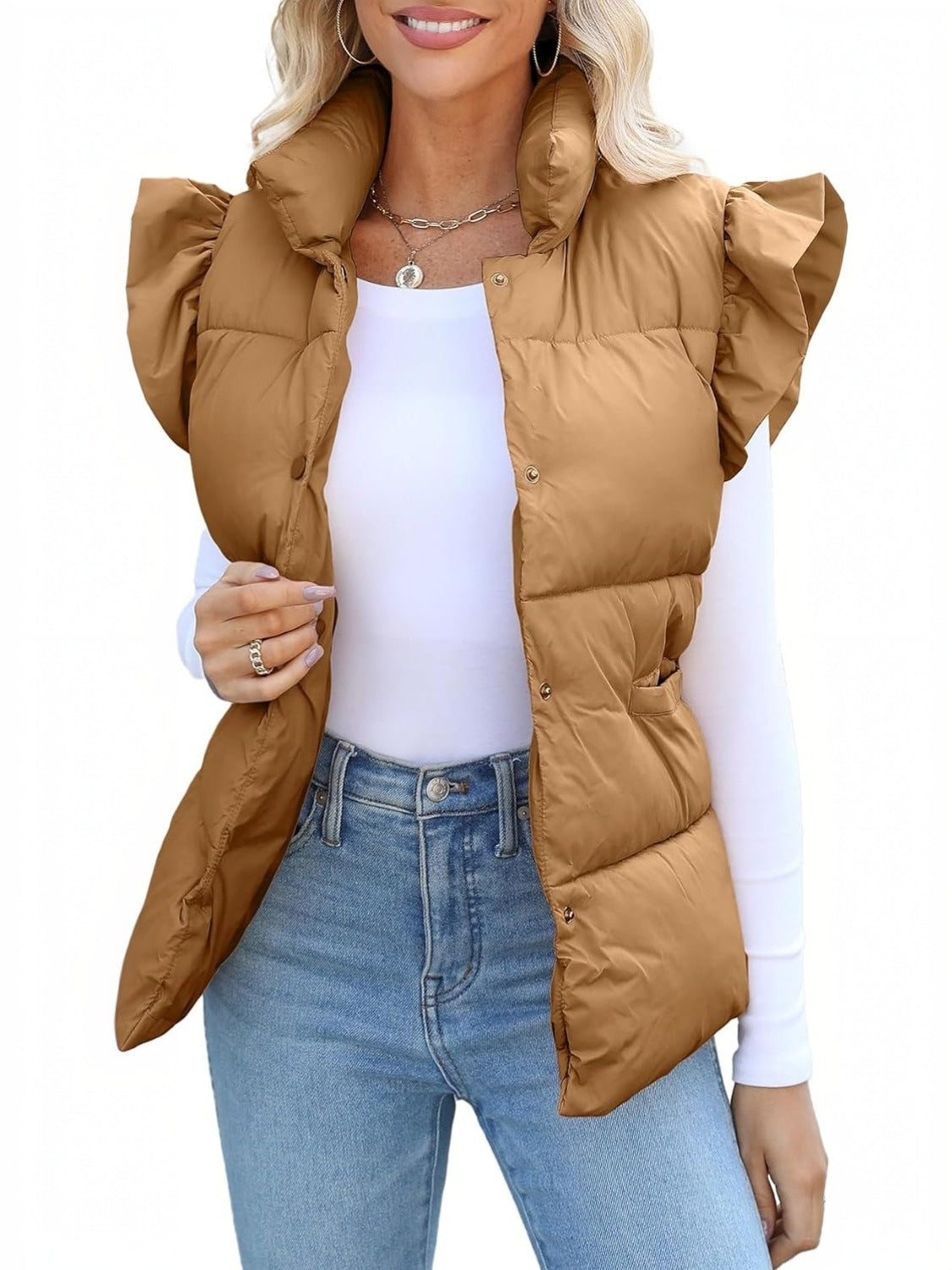 Kedera Ruffle Sleeve Puffer Vest With Pockets