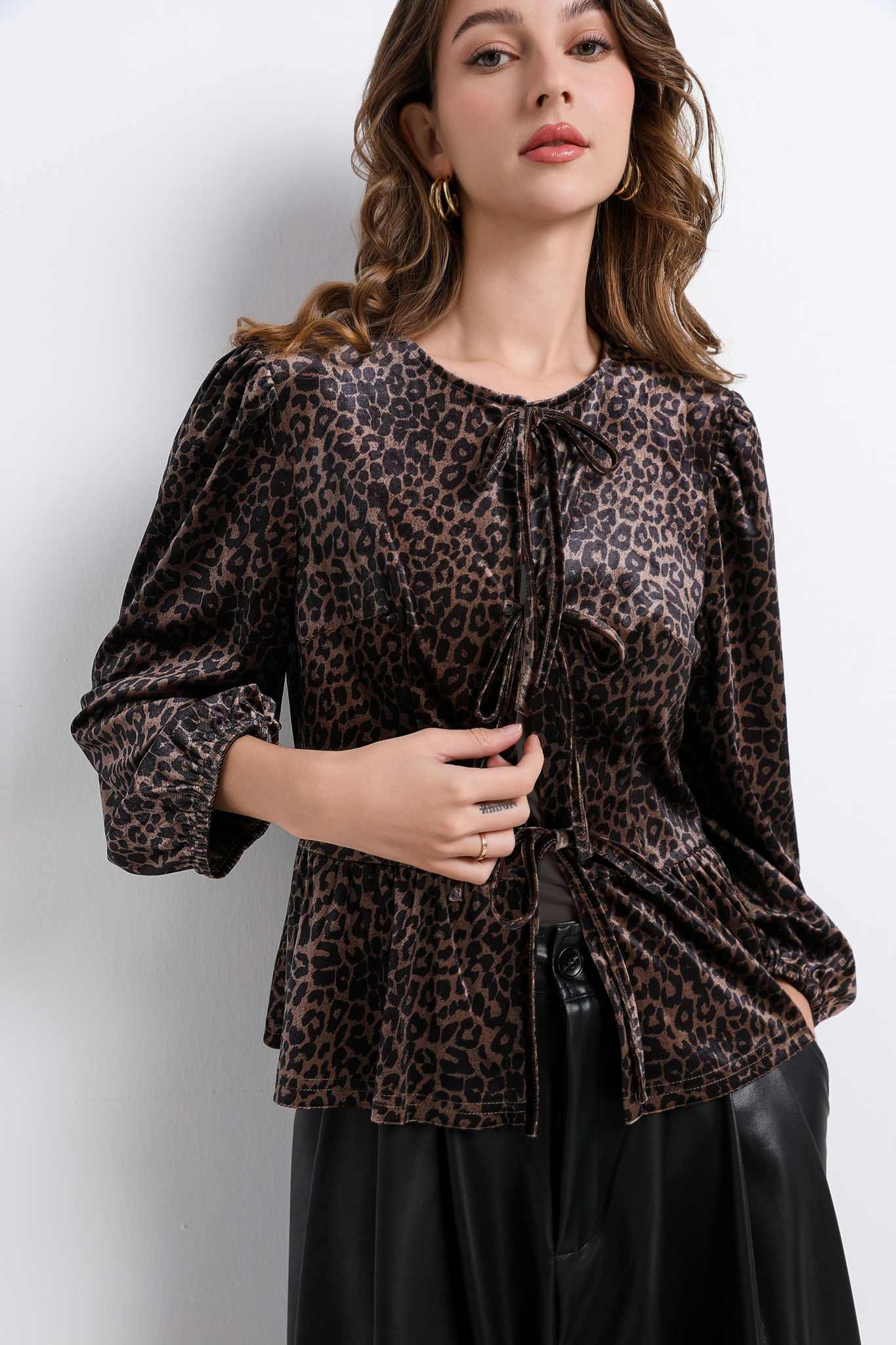 Ezabutus Leopard Corduroy Blouse With Bows
