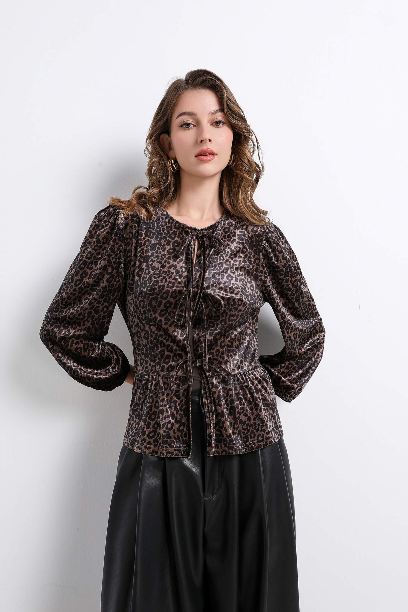 Ezabutus Leopard Corduroy Blouse With Bows