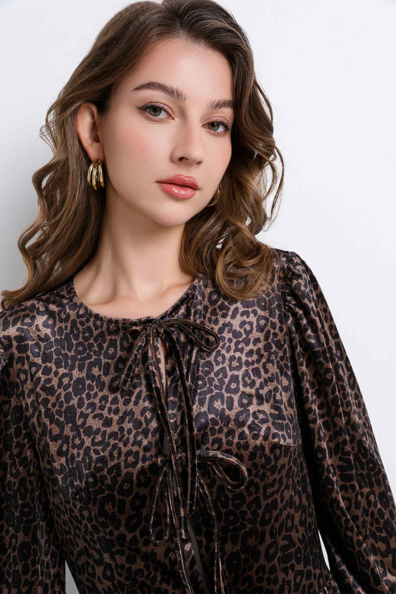 Ezabutus Leopard Corduroy Blouse With Bows