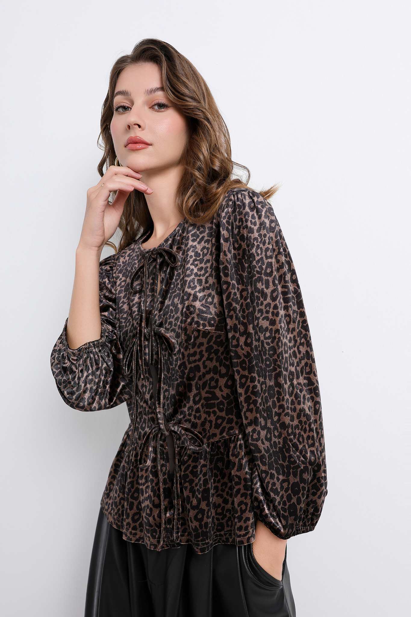 Ezabutus Leopard Corduroy Blouse With Bows