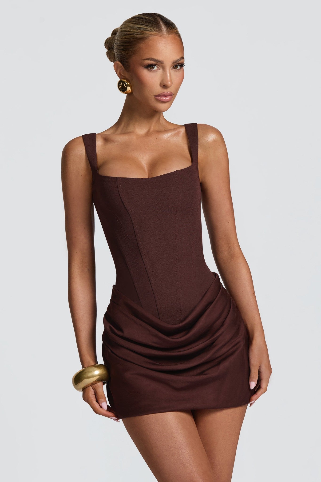 Ezabutus Plum Brown Satin Cowl Mini Dress With Boned Bodice