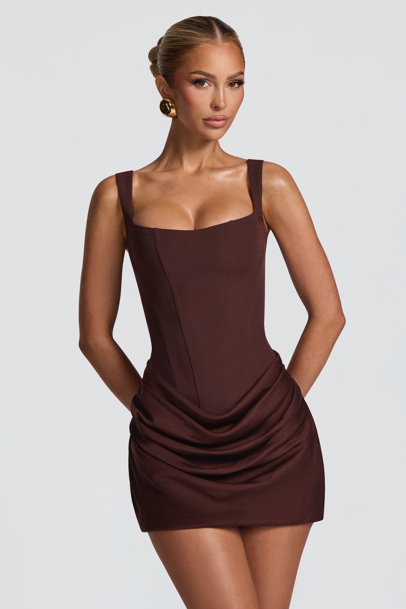 Ezabutus Plum Brown Satin Cowl Mini Dress With Boned Bodice