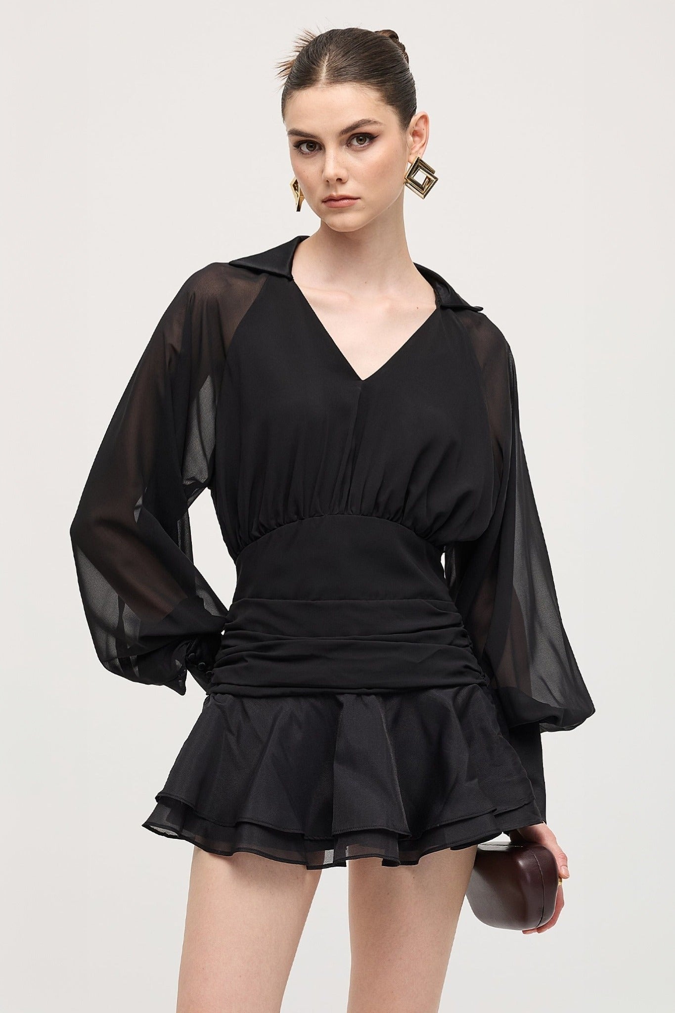 Ezabutus Elegant Sheer Sleeve Open Back Ruffled Hem Mini Dress