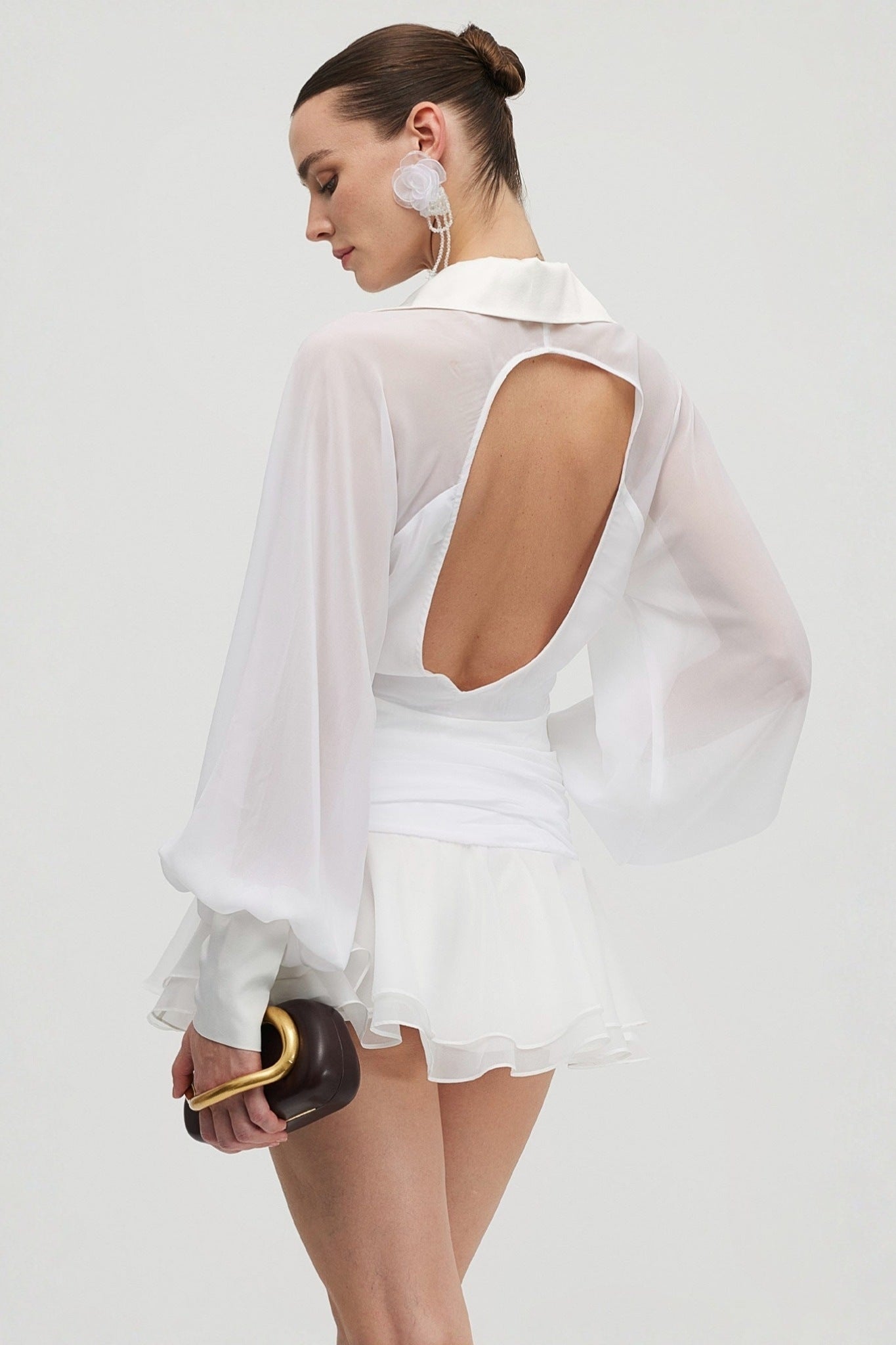Ezabutus Elegant Sheer Sleeve Open Back Ruffled Hem Mini Dress