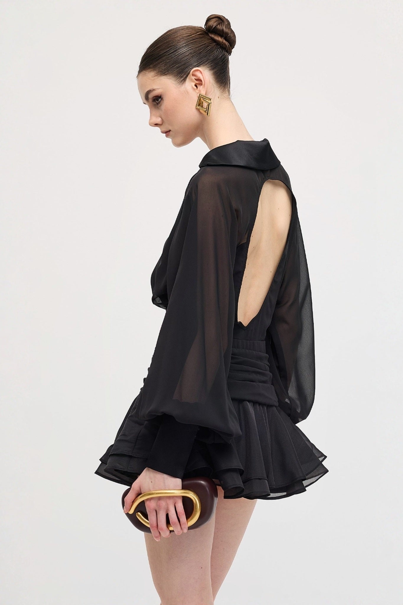 Ezabutus Elegant Sheer Sleeve Open Back Ruffled Hem Mini Dress
