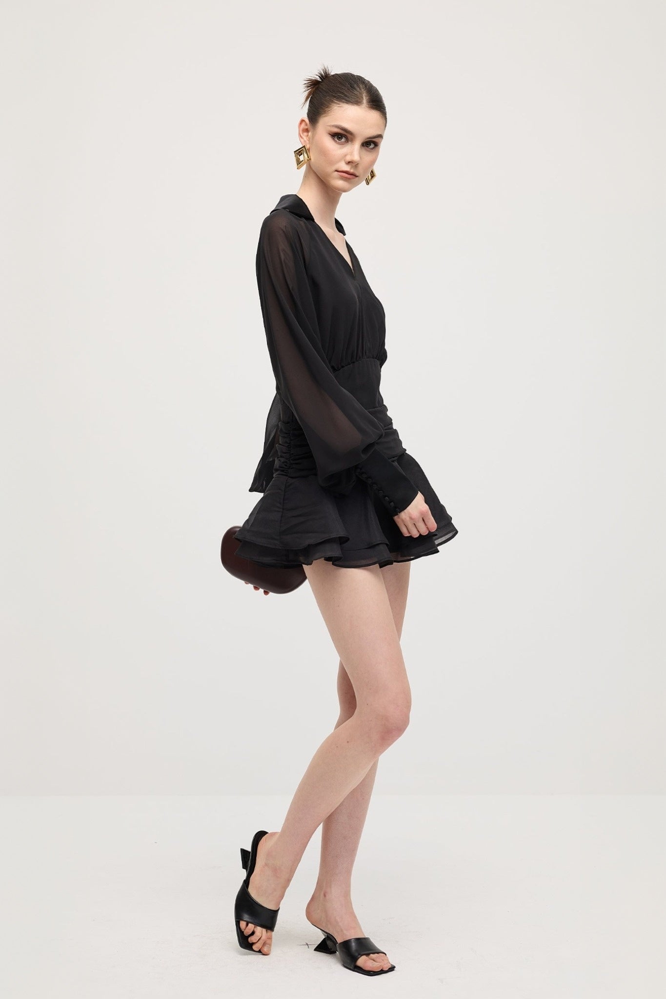 Ezabutus Elegant Sheer Sleeve Open Back Ruffled Hem Mini Dress