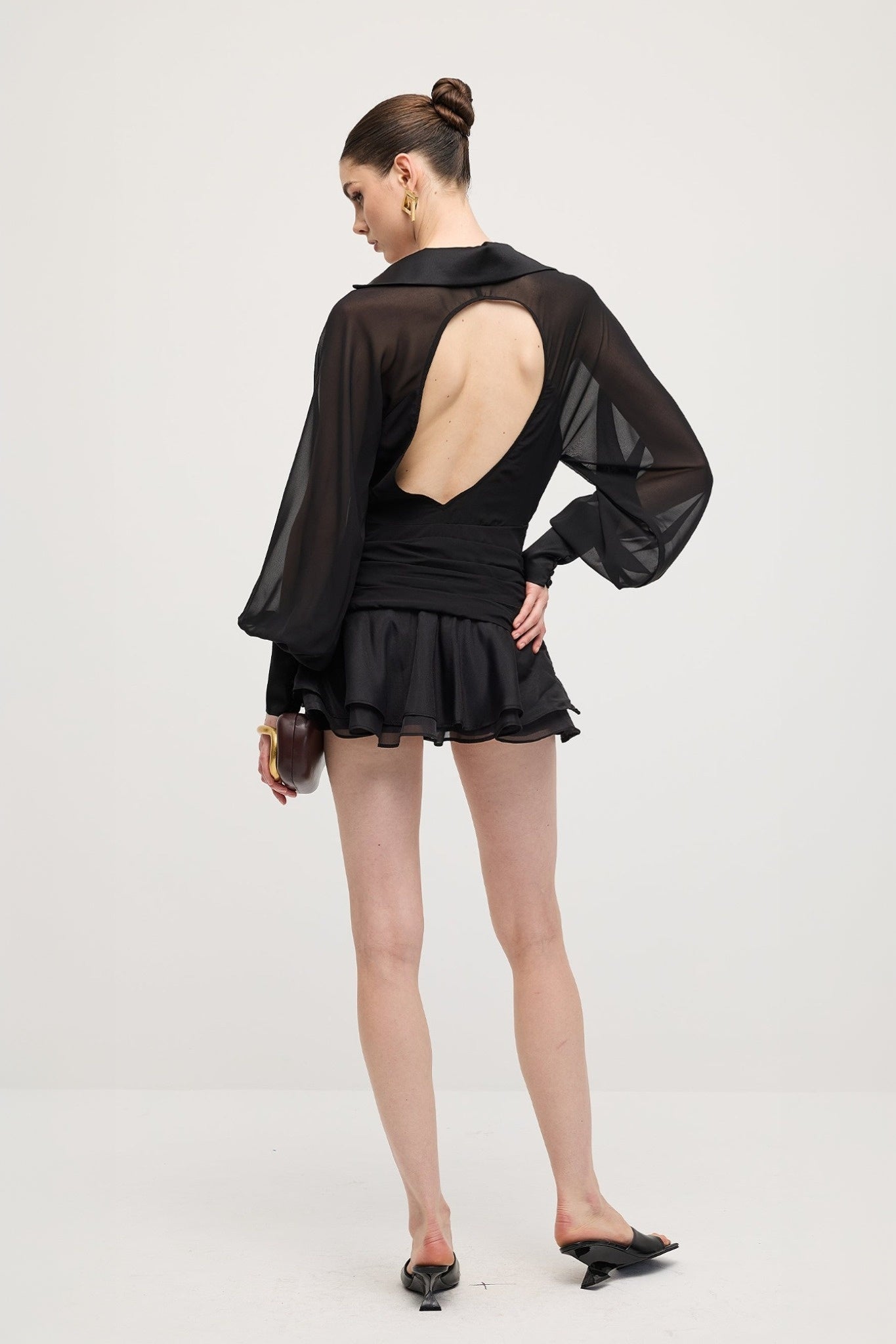 Ezabutus Elegant Sheer Sleeve Open Back Ruffled Hem Mini Dress