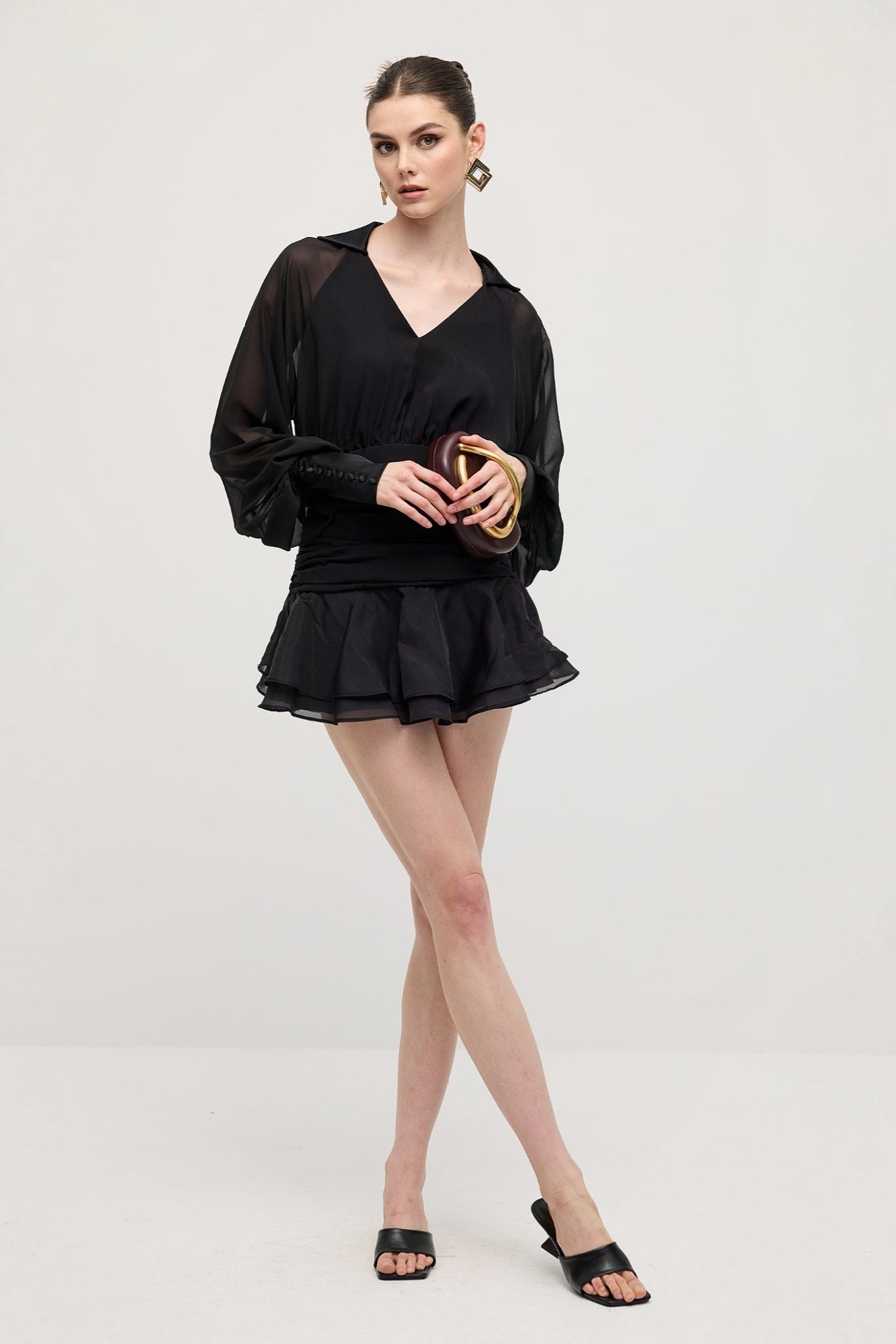 Ezabutus Elegant Sheer Sleeve Open Back Ruffled Hem Mini Dress