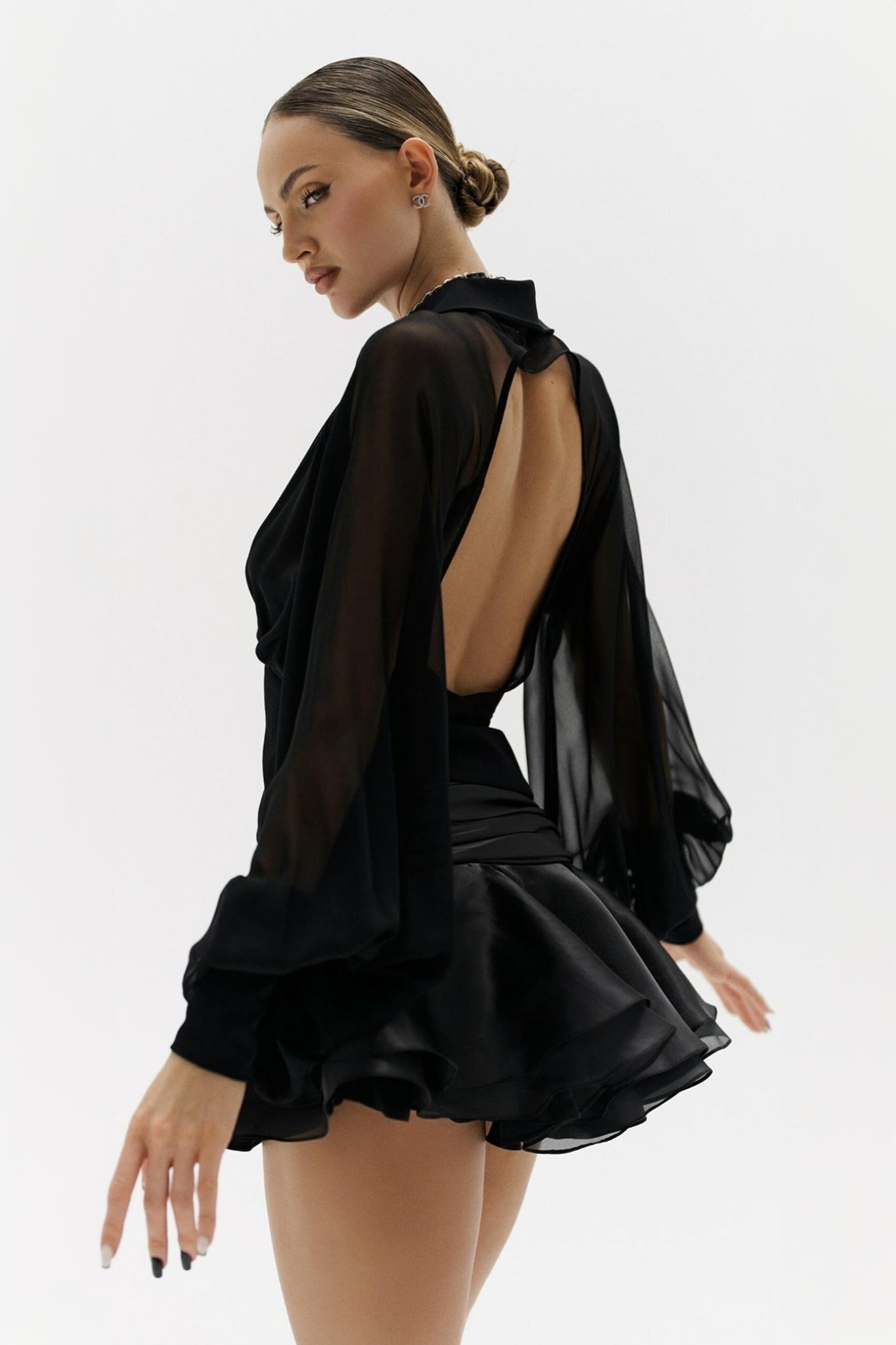 Ezabutus Elegant Sheer Sleeve Open Back Ruffled Hem Mini Dress