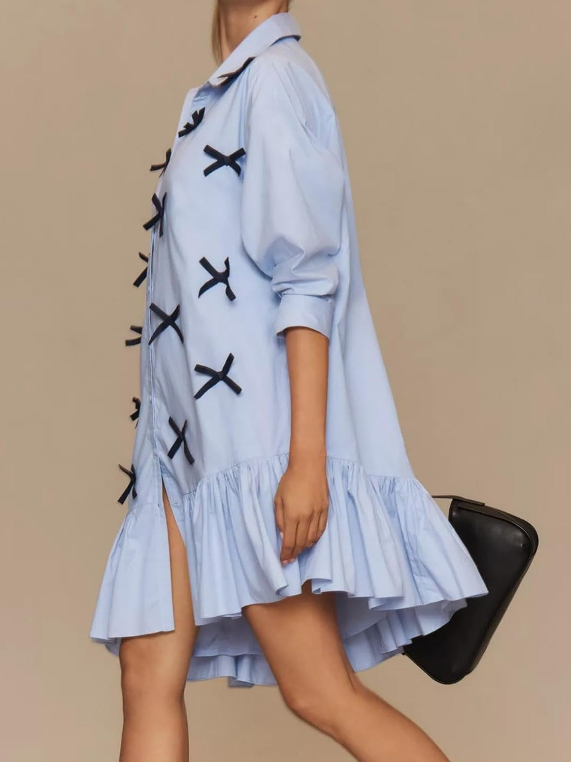 Ezapine Bow Tie Casual Collared Shirt Dress