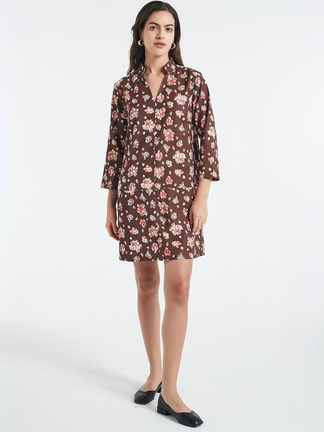 D-Sun Floral V Neck Mini Shirt Dress