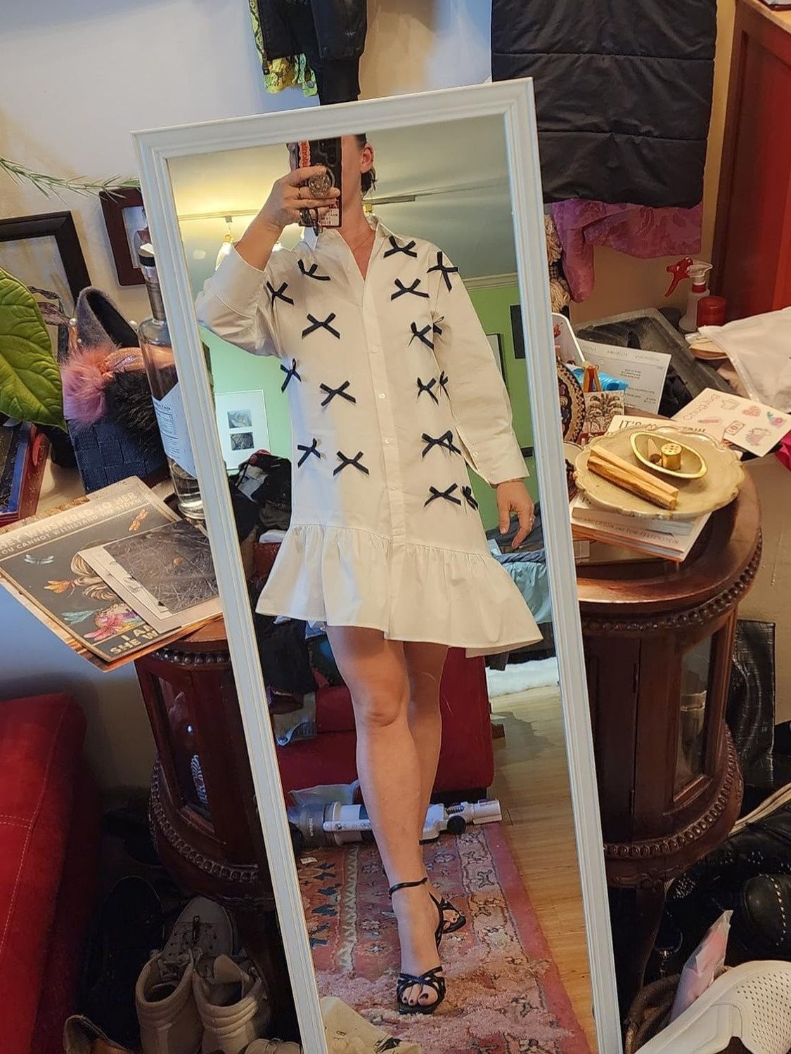 Ezapine Bow Tie Casual Collared Shirt Dress