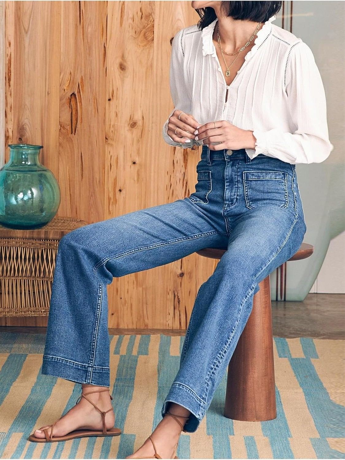 Yexpine Casual High Rise Straight Jeans With Patch Pockets