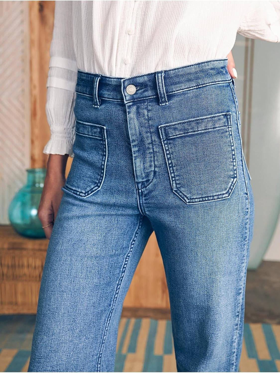 Yexpine Casual High Rise Straight Jeans With Patch Pockets
