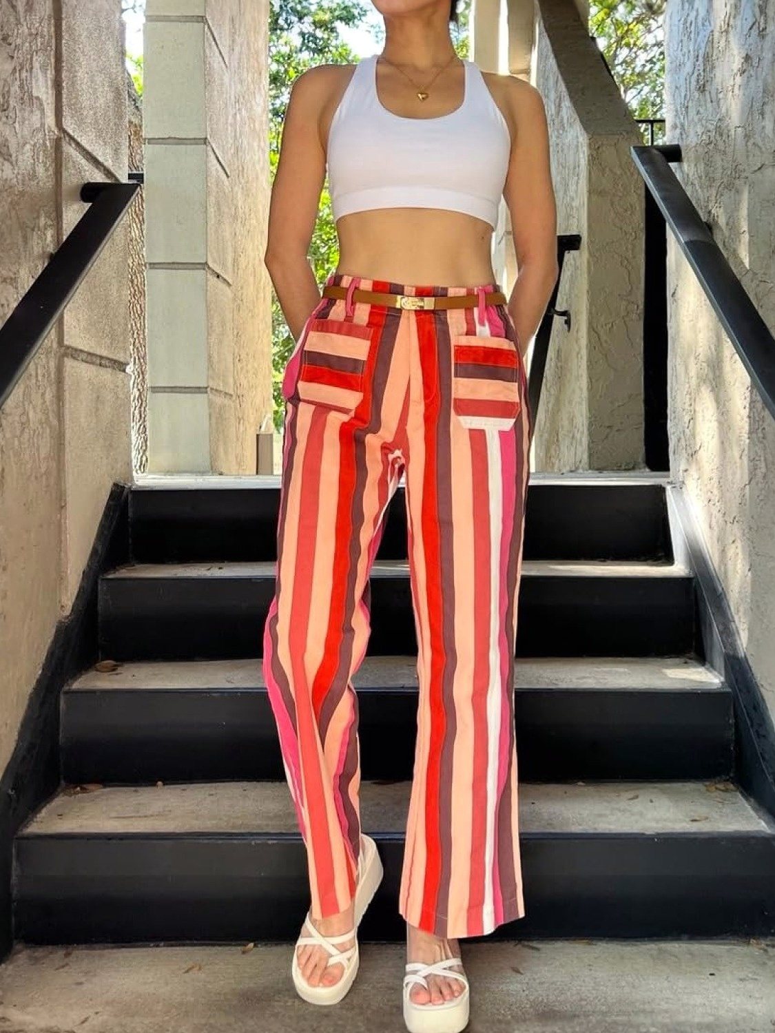LifeShe Straight Striped High Waist Jeans
