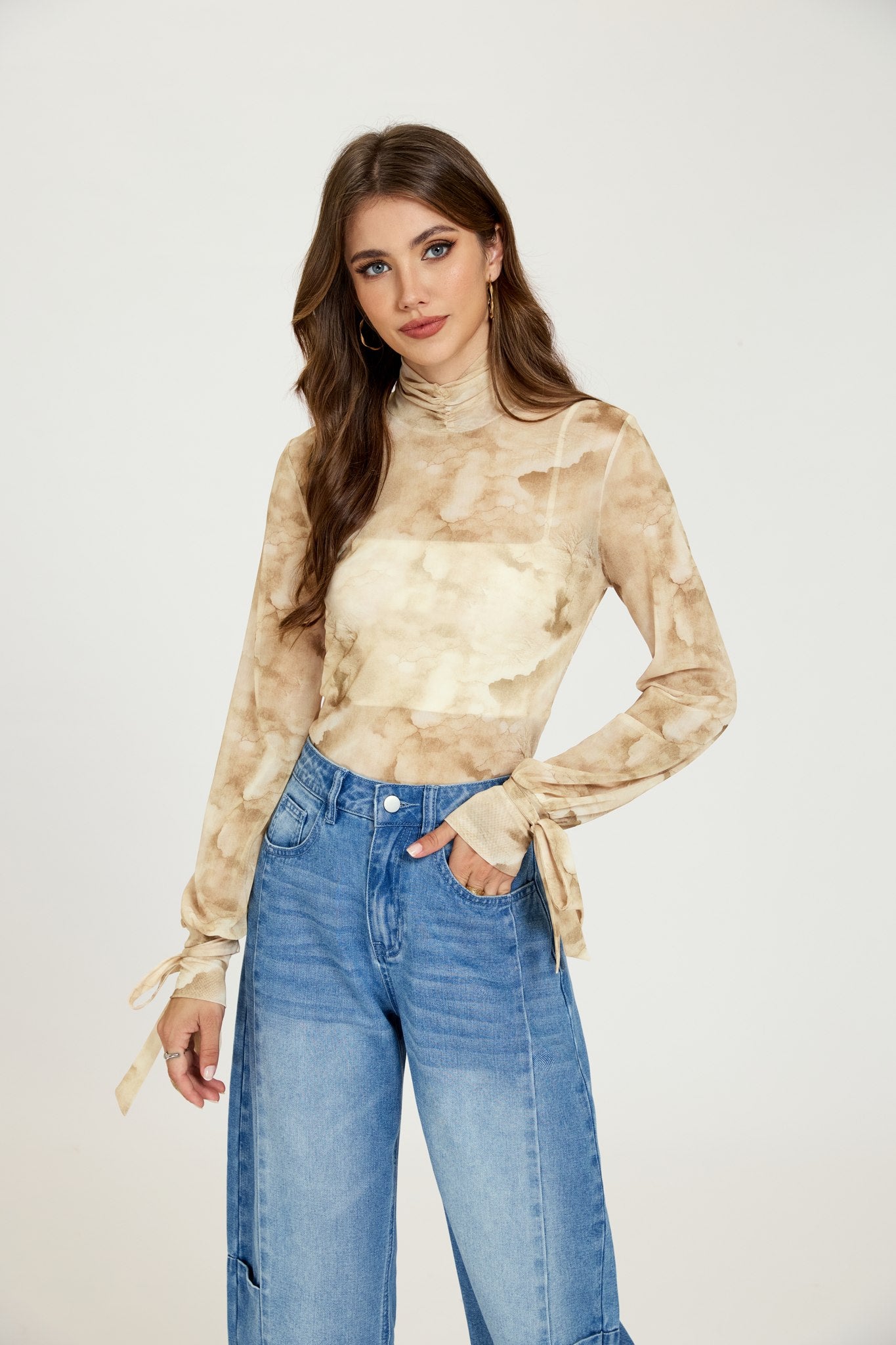 Ezabutus Tie Dye Turtleneck Blouse With Long Sleeves and Cuff Tie Detail