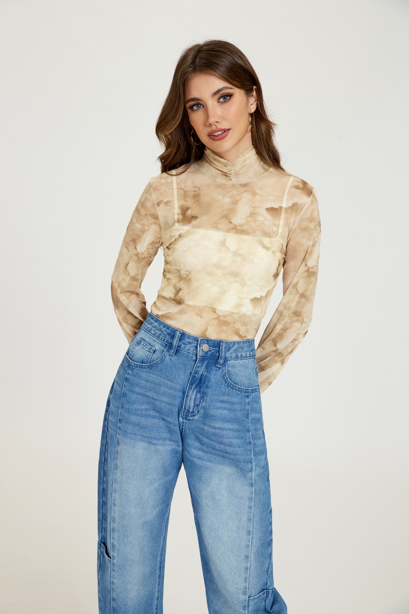 Ezabutus Tie Dye Turtleneck Blouse With Long Sleeves and Cuff Tie Detail