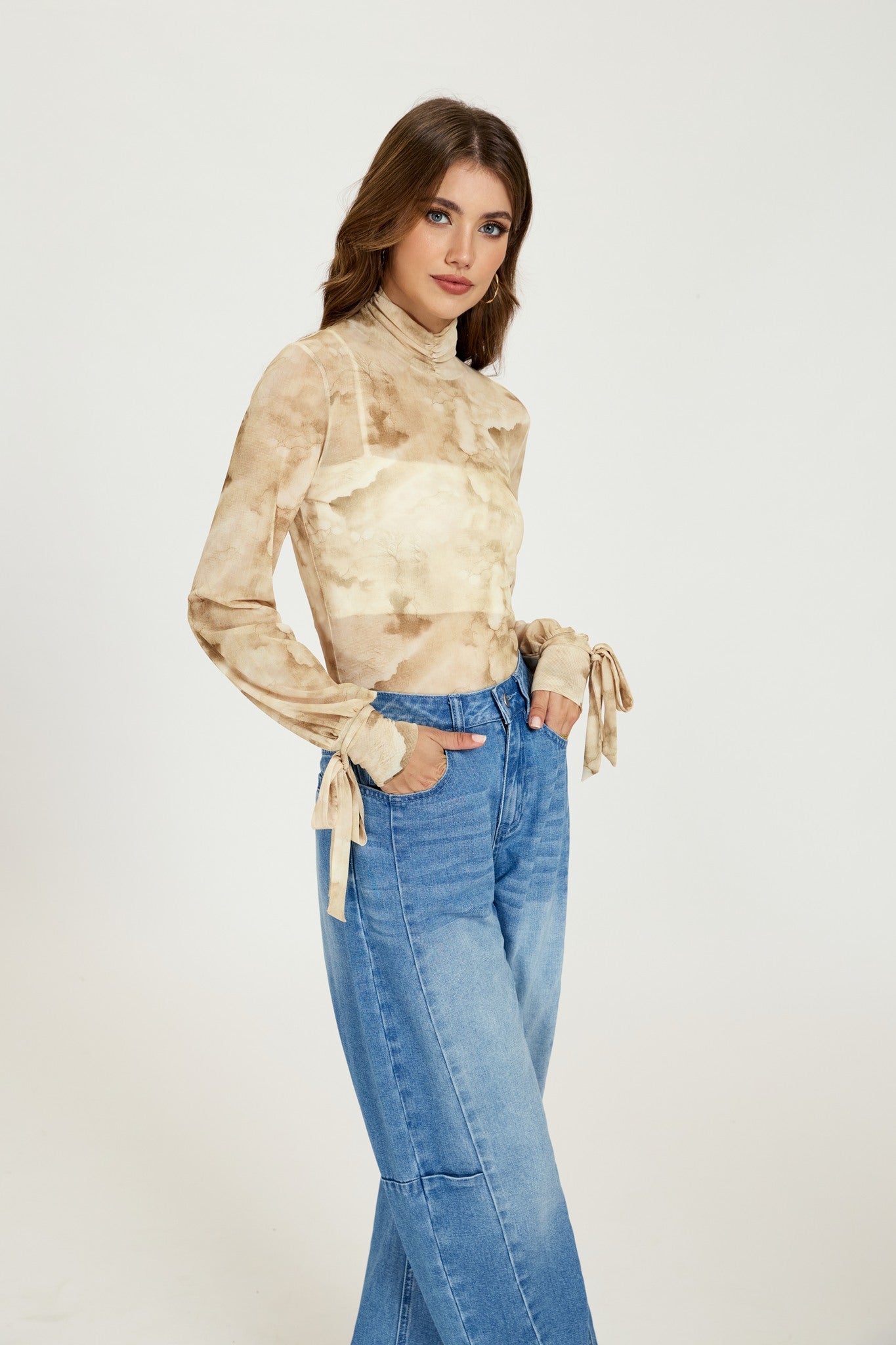 Ezabutus Tie Dye Turtleneck Blouse With Long Sleeves and Cuff Tie Detail