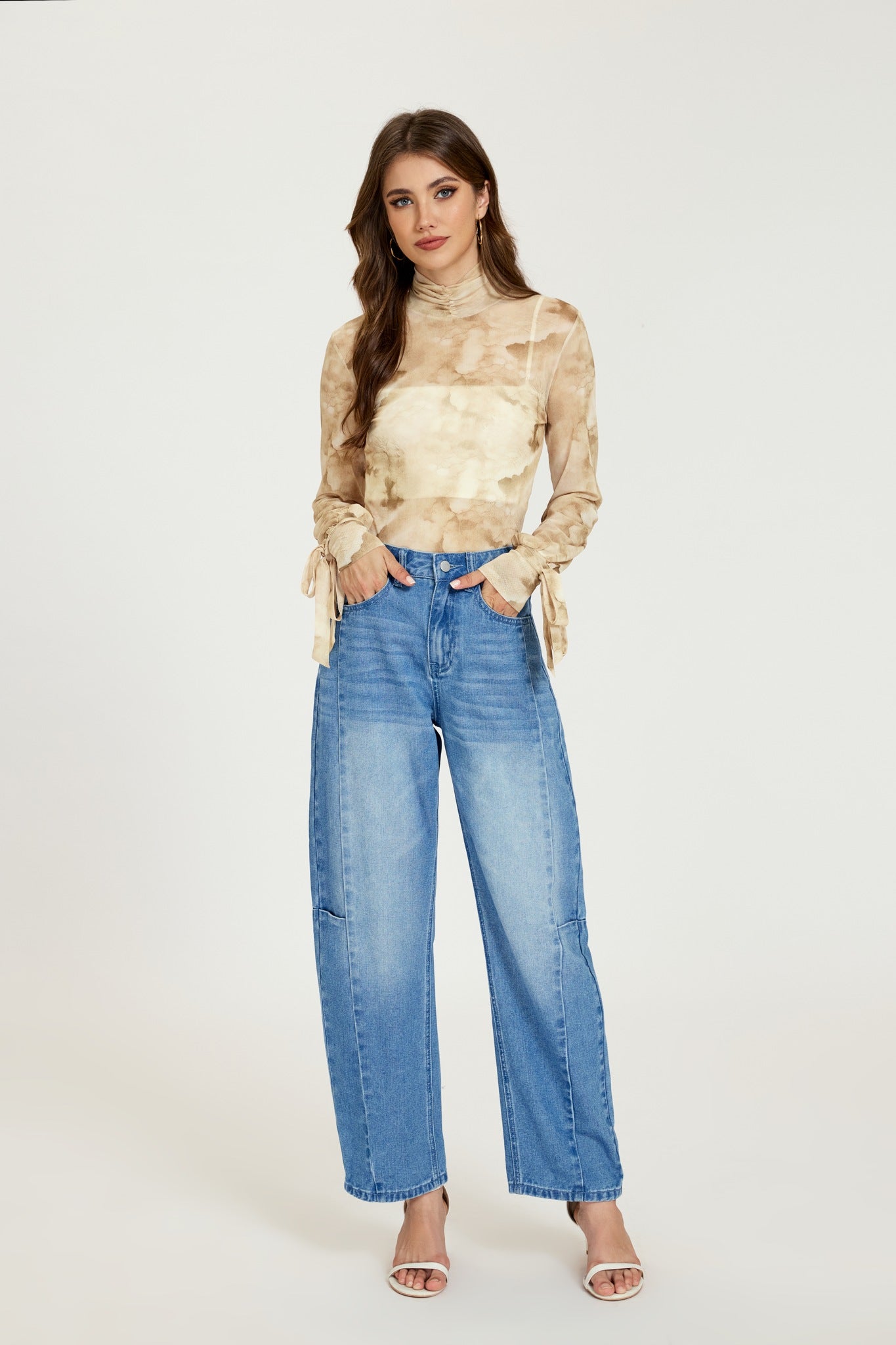 Ezabutus Tie Dye Turtleneck Blouse With Long Sleeves and Cuff Tie Detail