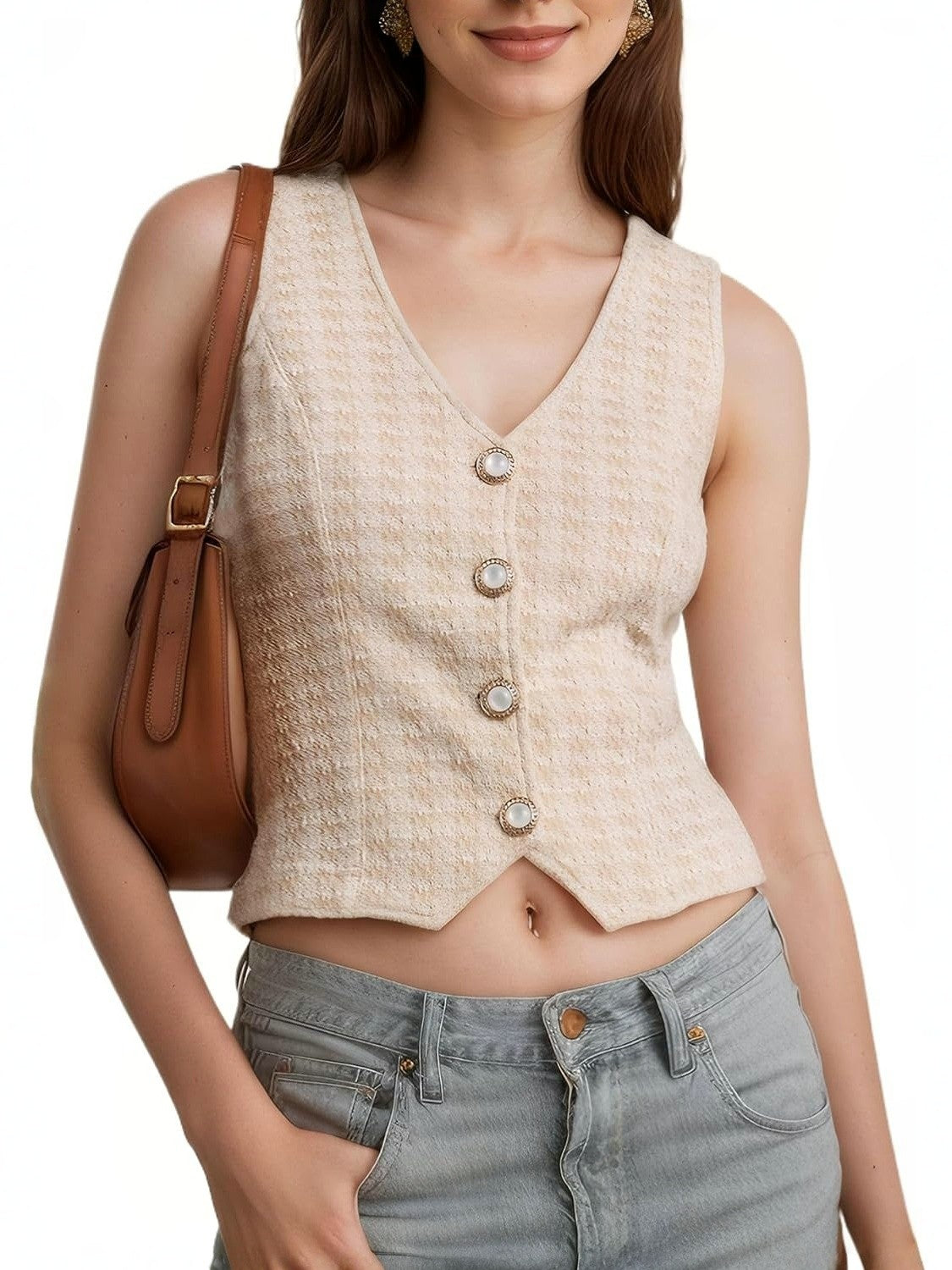 Kedera V Neck Tweed Crop Vest