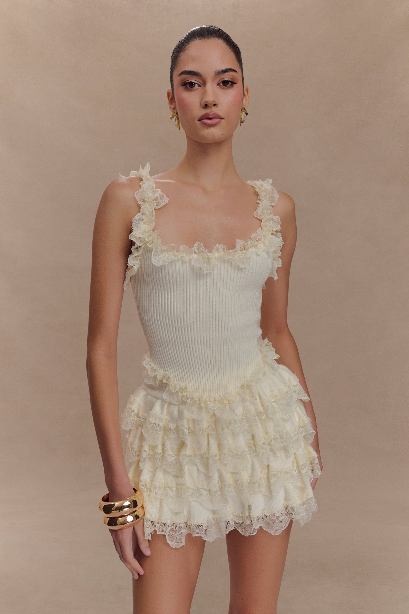 Ezabutus Romantic Ruffle Lace Trim Two-Piece Set – Knit Cami Top & Mini Skort