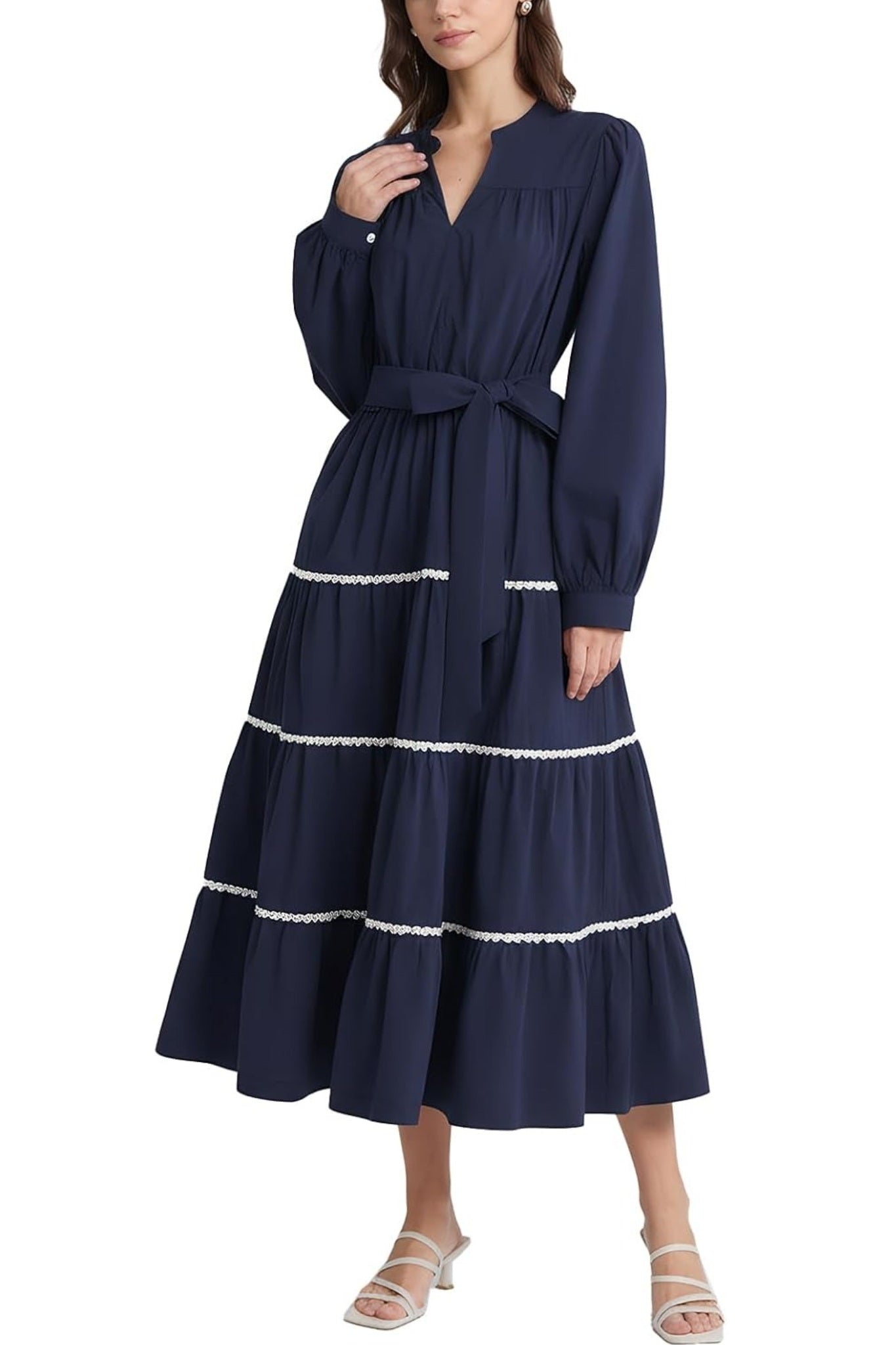 Dsun Effortless V Neck Tiered Maxi Dress With Contrast Trim And Waist Tie