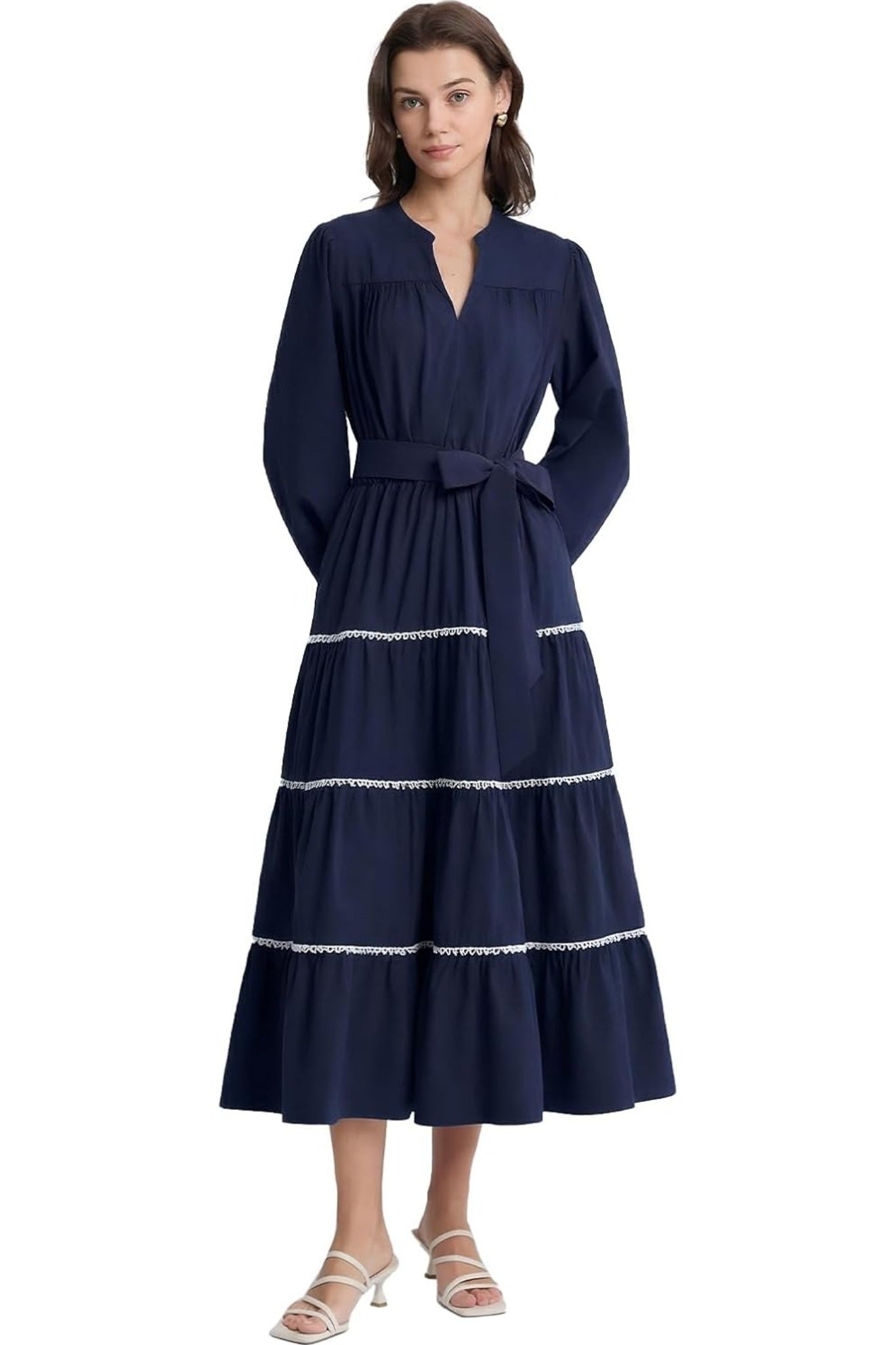 Dsun Effortless V Neck Tiered Maxi Dress With Contrast Trim And Waist Tie