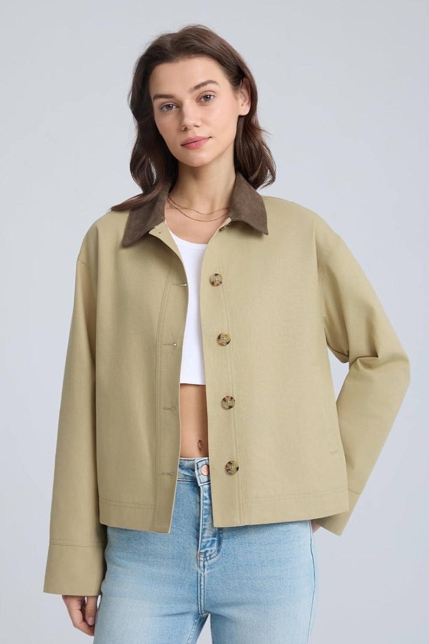 Dsun Vintage Vibe Contrast Collar Khaki Cropped Utility Jacket