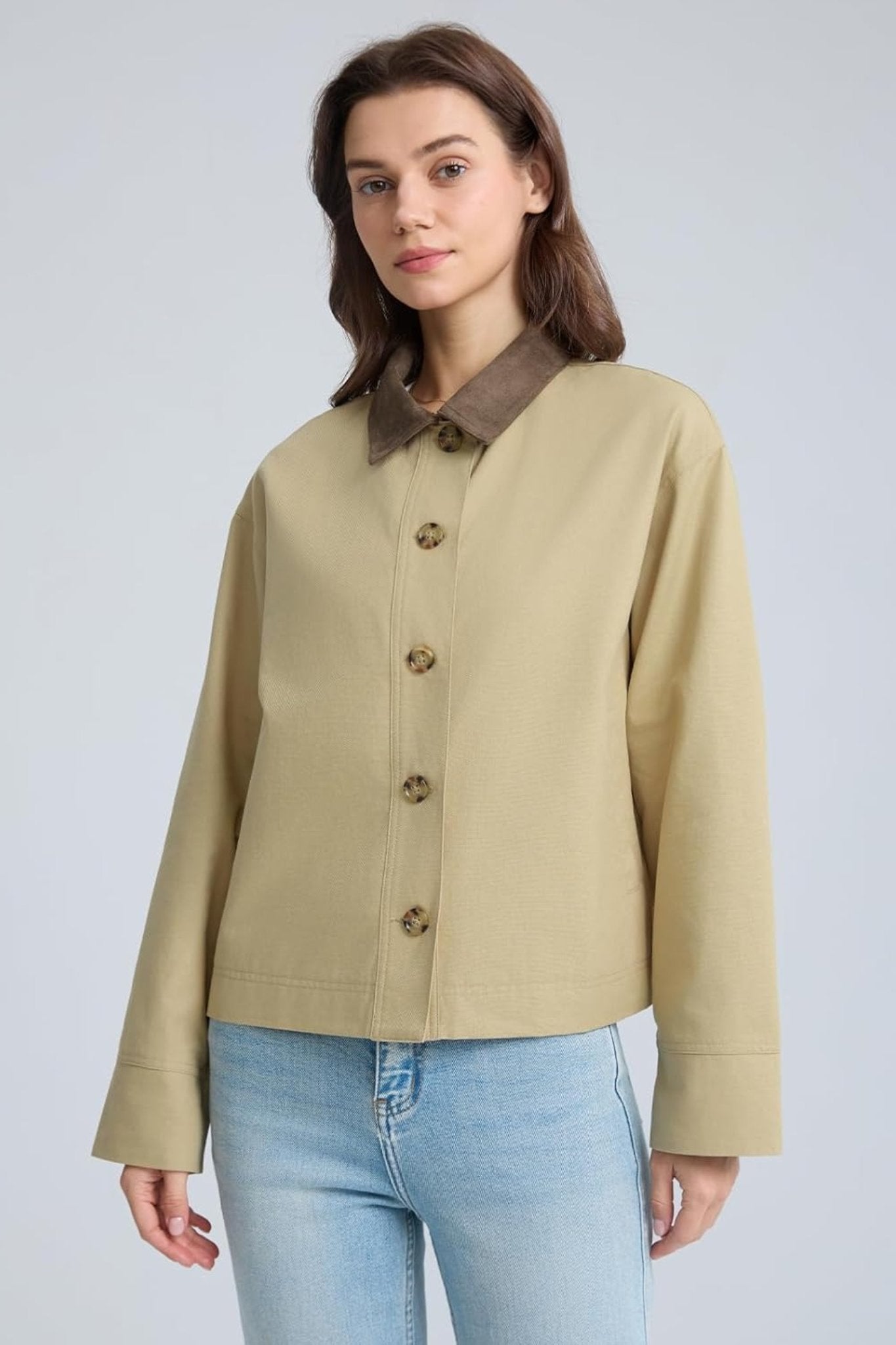 Dsun Vintage Vibe Contrast Collar Khaki Cropped Utility Jacket