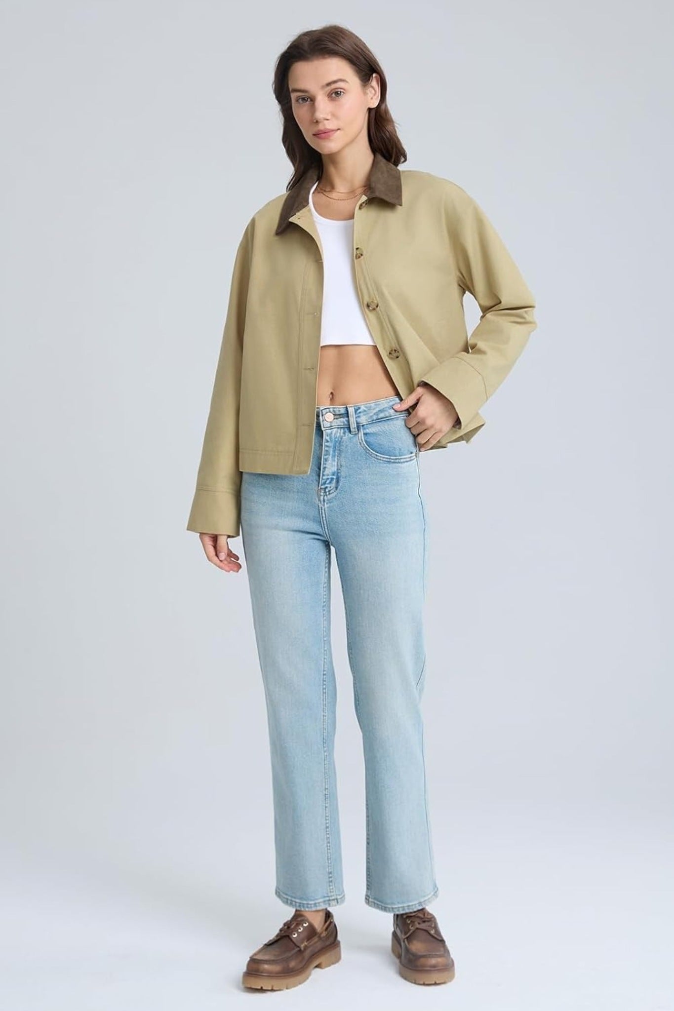 Dsun Vintage Vibe Contrast Collar Khaki Cropped Utility Jacket