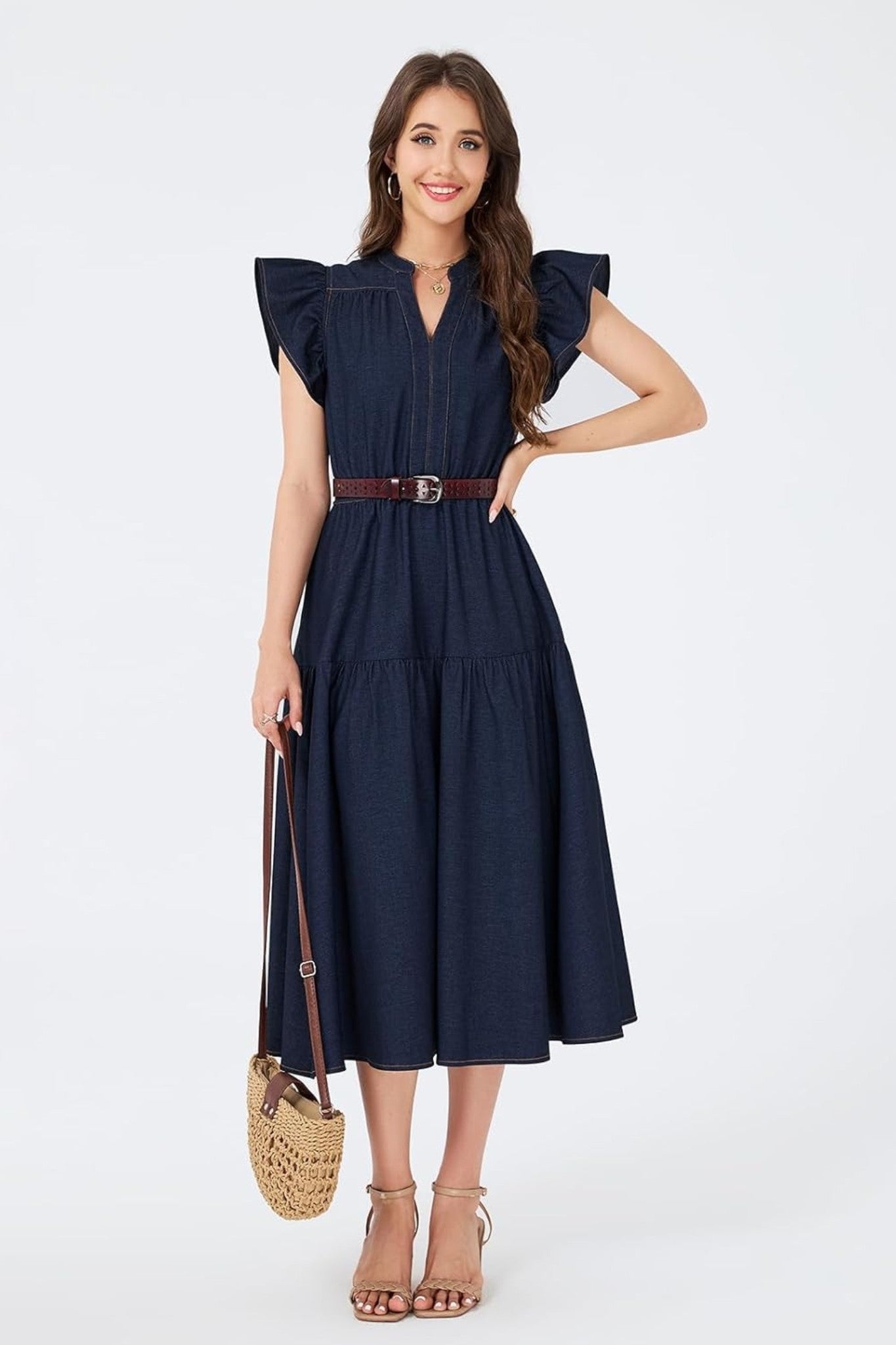 Dsun V Neck Ruffle Sleeve Tiered Denim Midi Dress