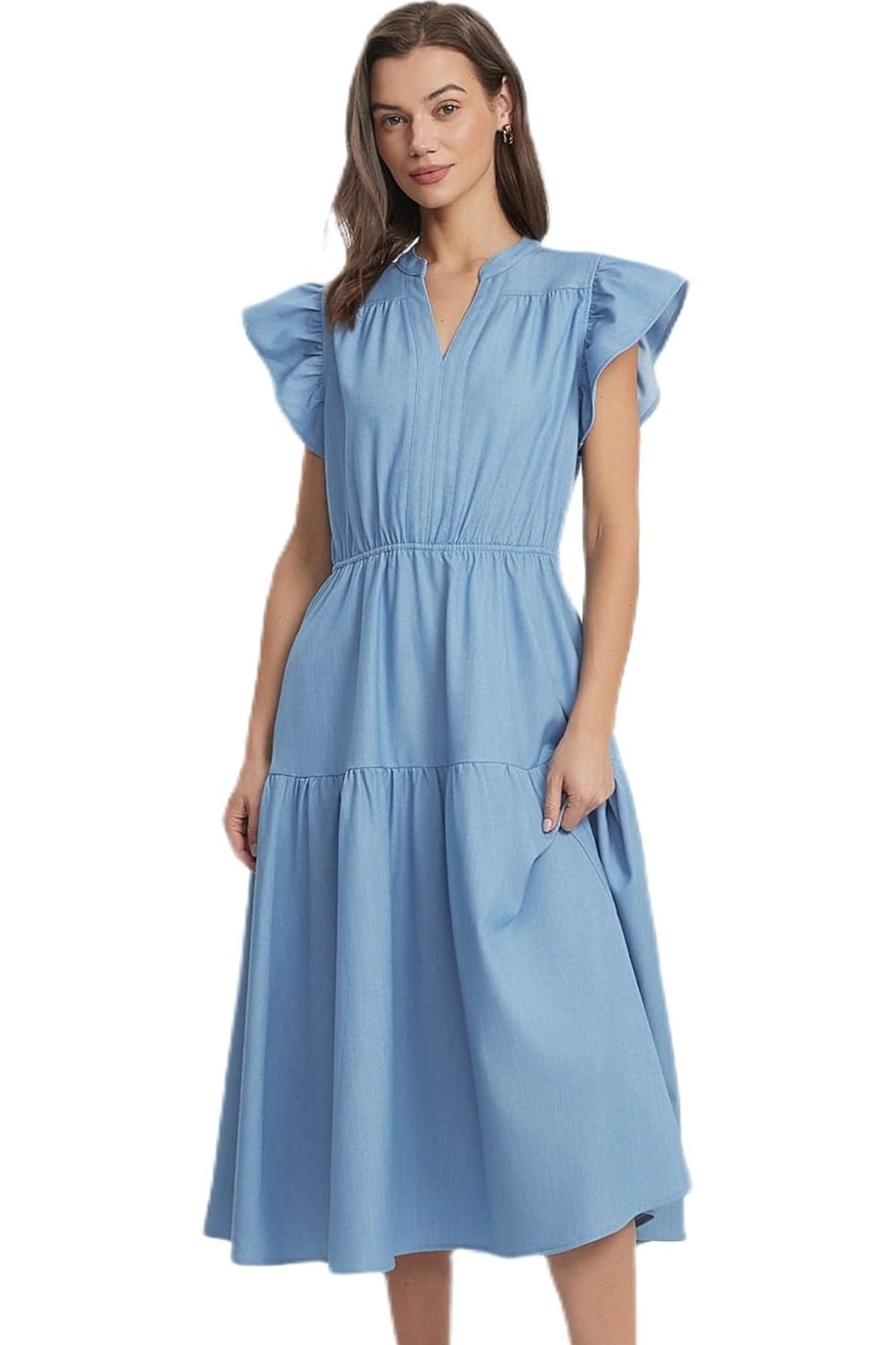 Dsun V Neck Ruffle Sleeve Tiered Denim Midi Dress