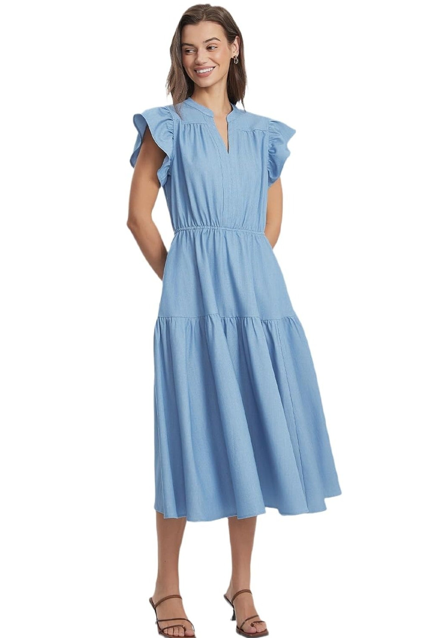 Dsun V Neck Ruffle Sleeve Tiered Denim Midi Dress