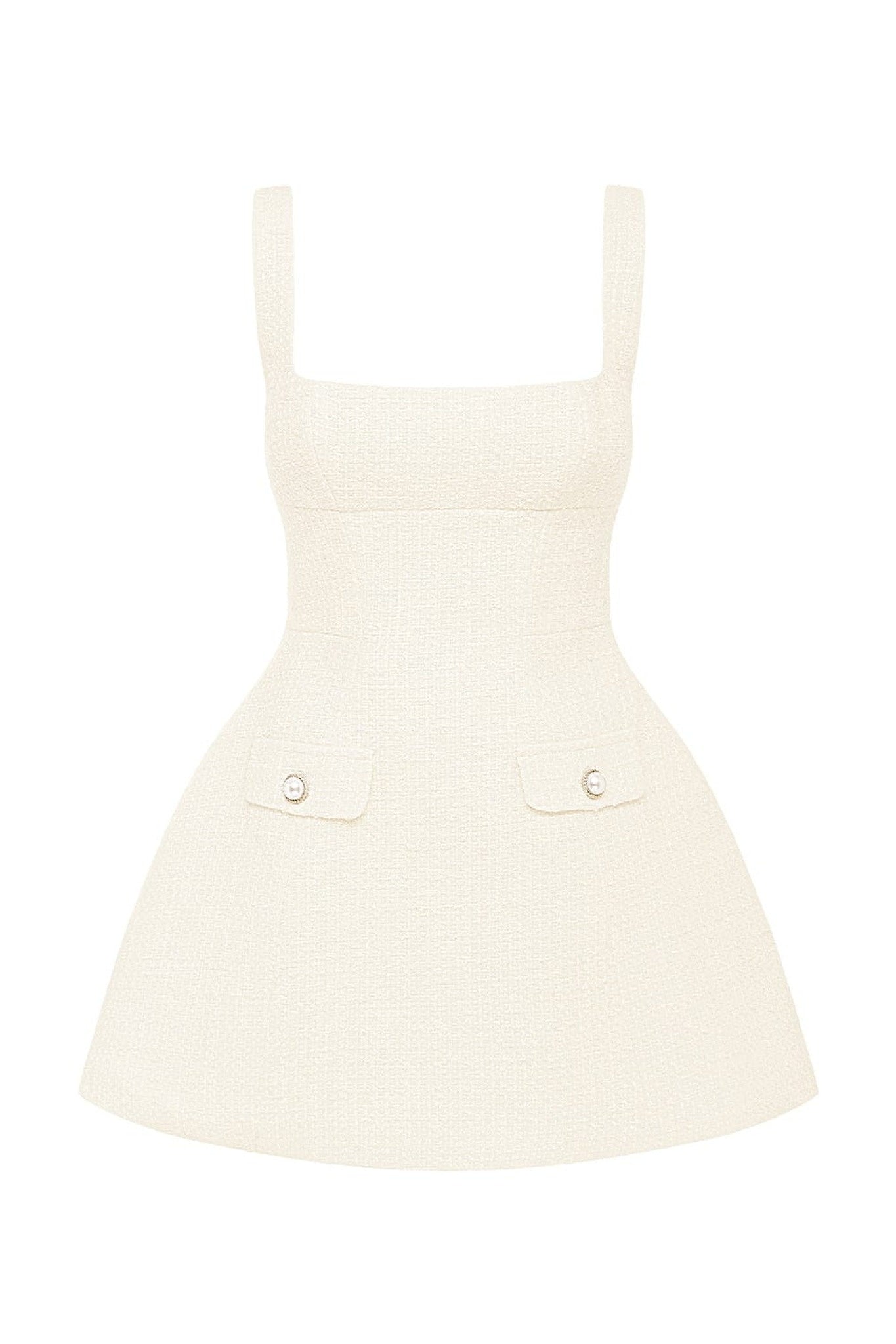 Ezabutus Elegant White Tweed Mini Dress With Square Neckline And Adjustable Straps