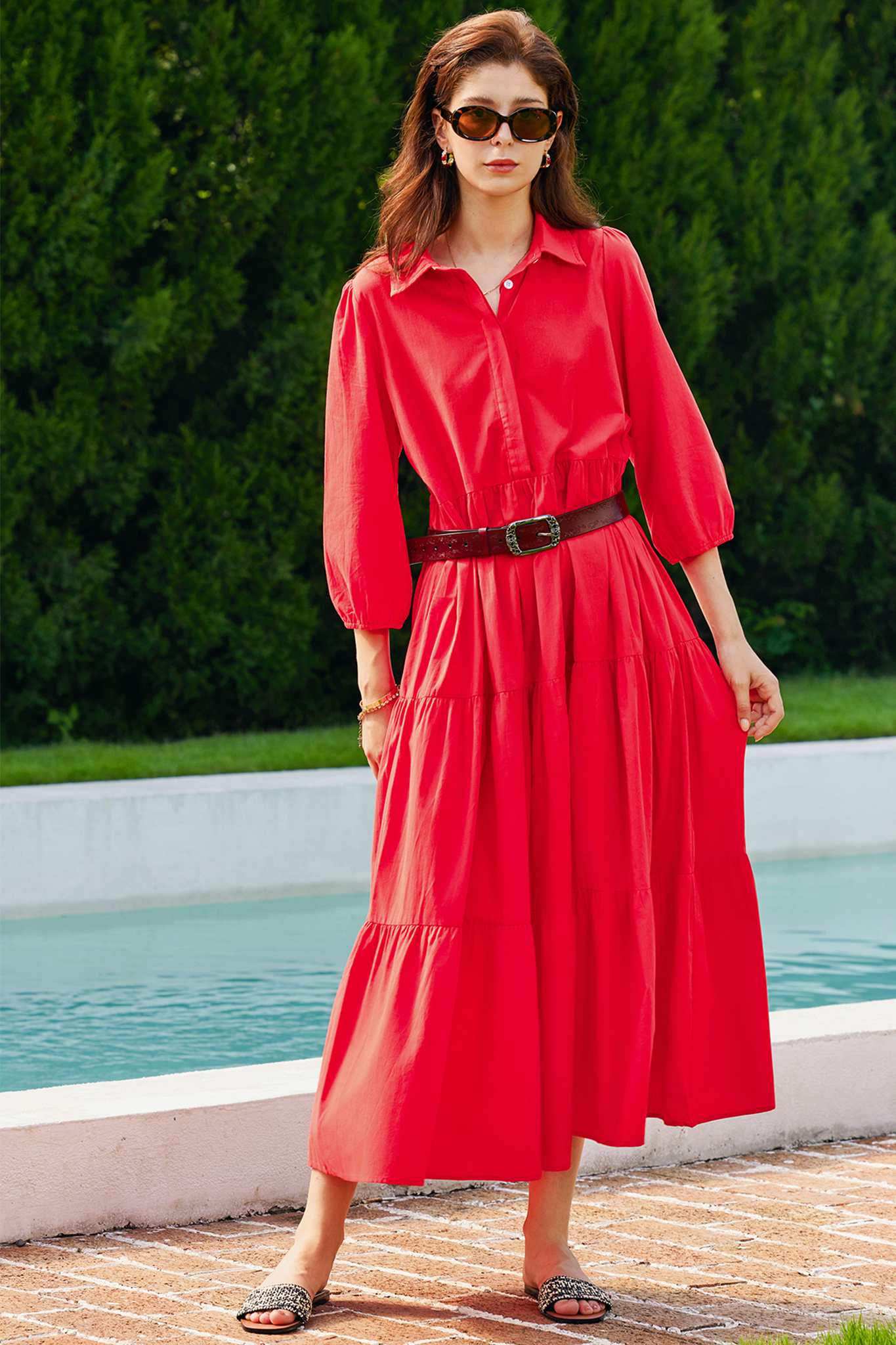 Yexpine Casual V Neck Flowy Maxi Dresses