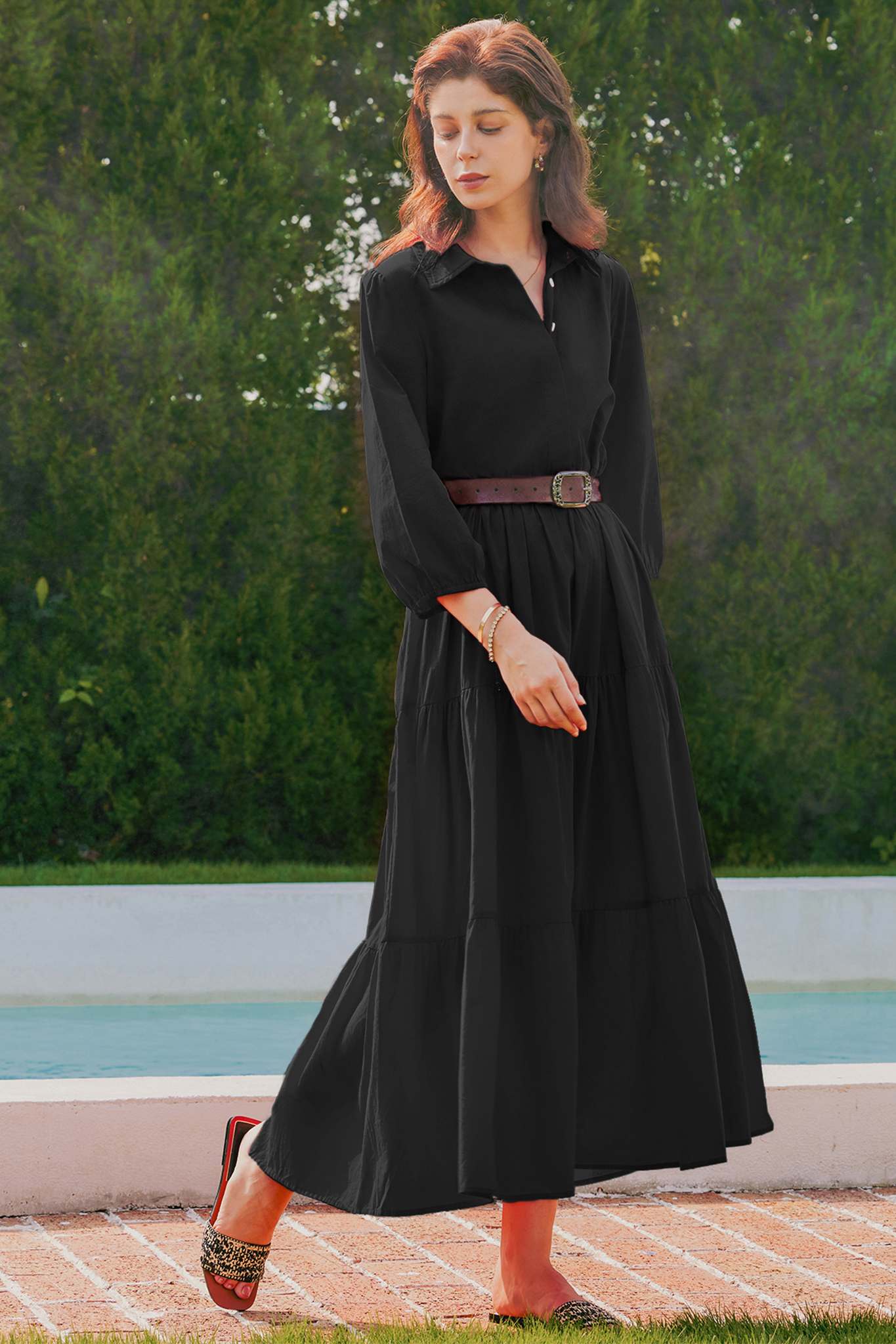 Yexpine Casual V Neck Flowy Maxi Dresses