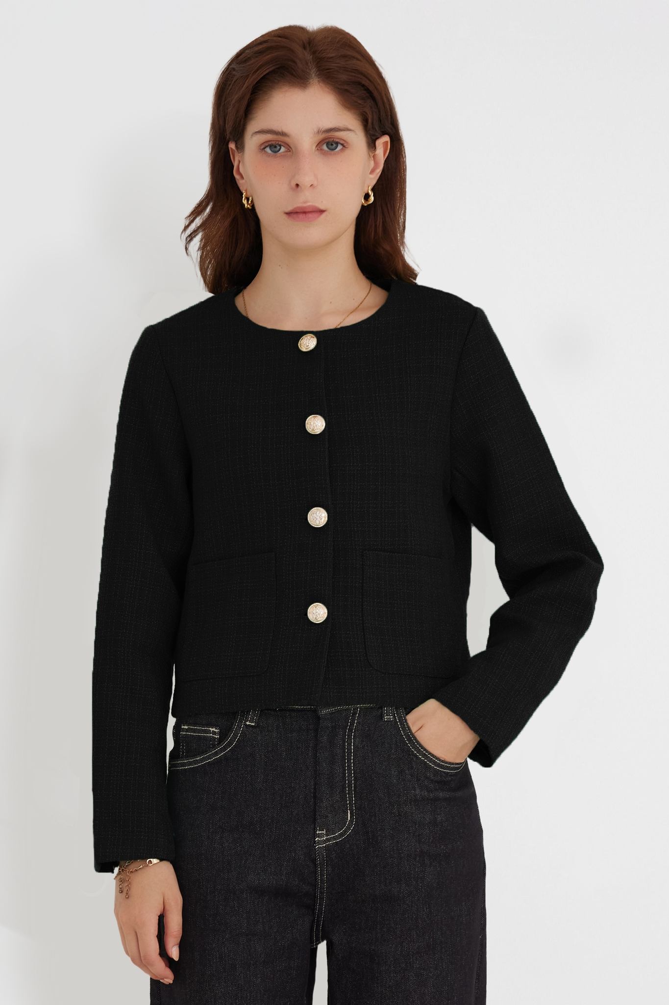 Lifeshe Crew Neck Vintage Tweed Jacket