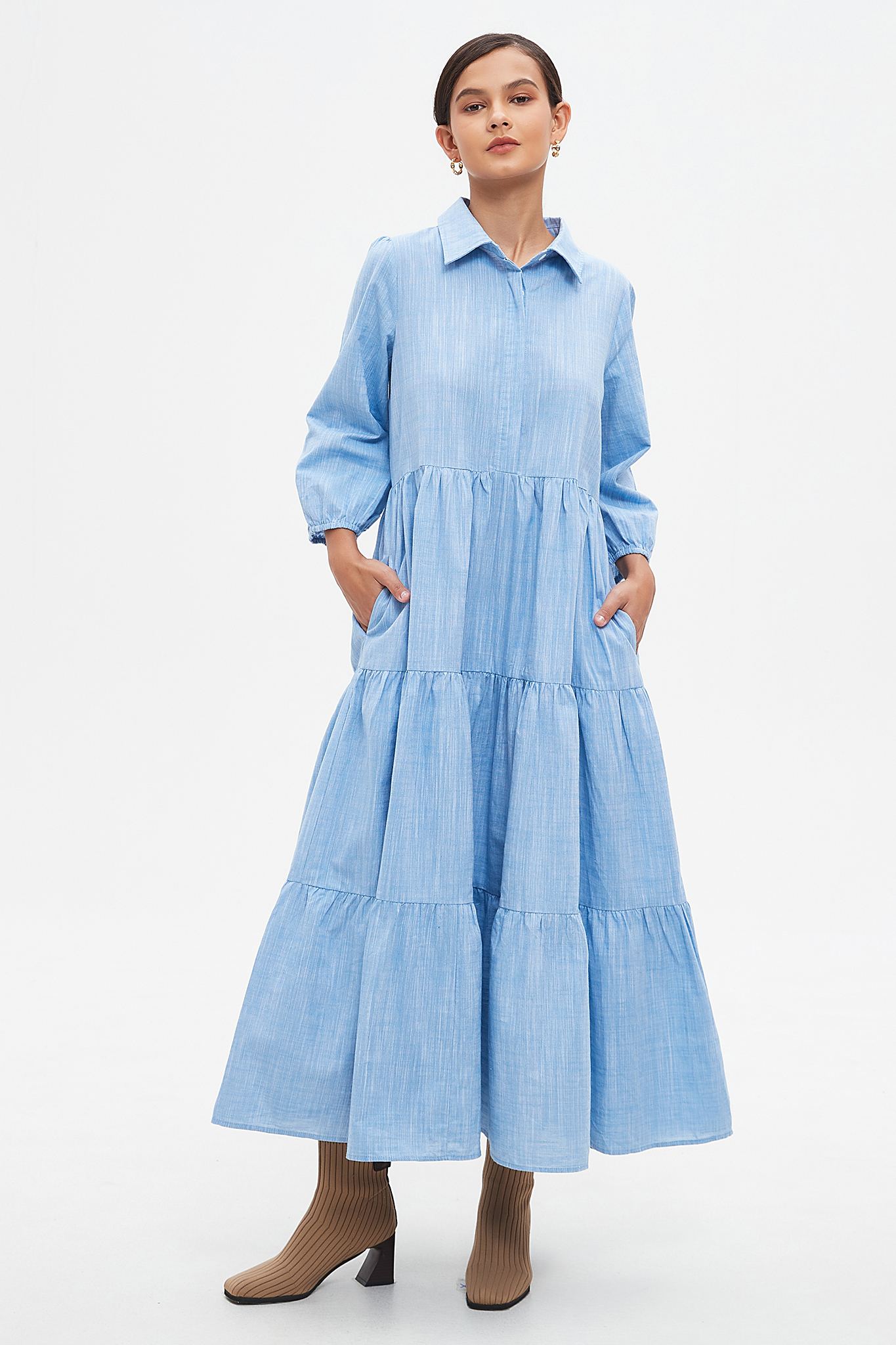 Yexpine Casual V Neck Flowy Maxi Dresses