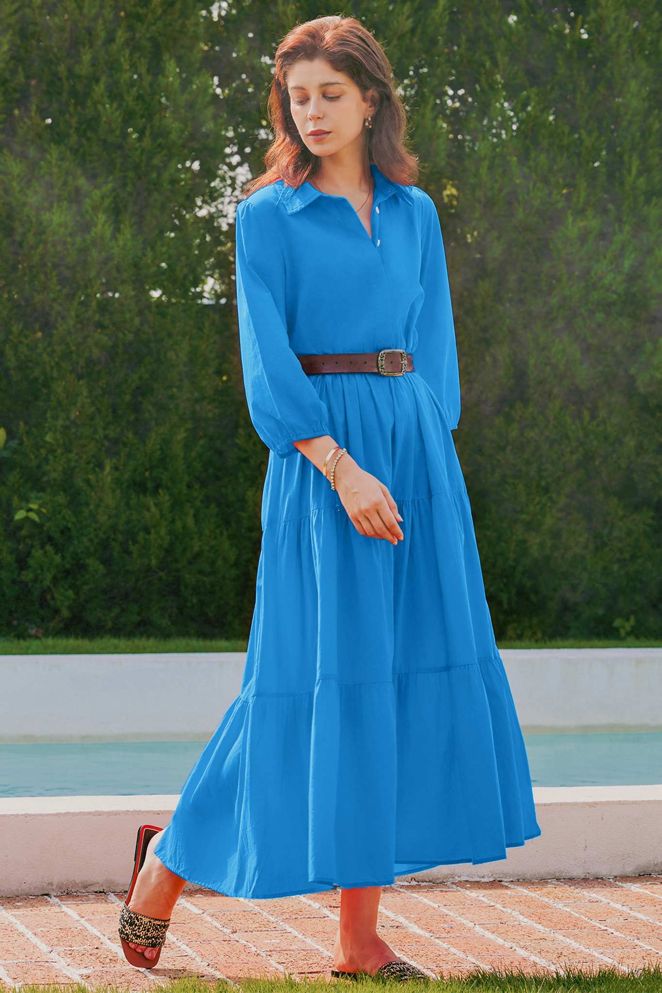 Yexpine Casual V Neck Flowy Maxi Dresses