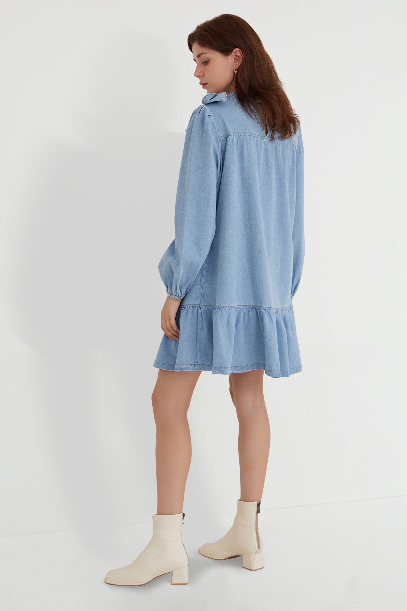 Ezapine Puff Long Sleeve Denim Dress With Bow