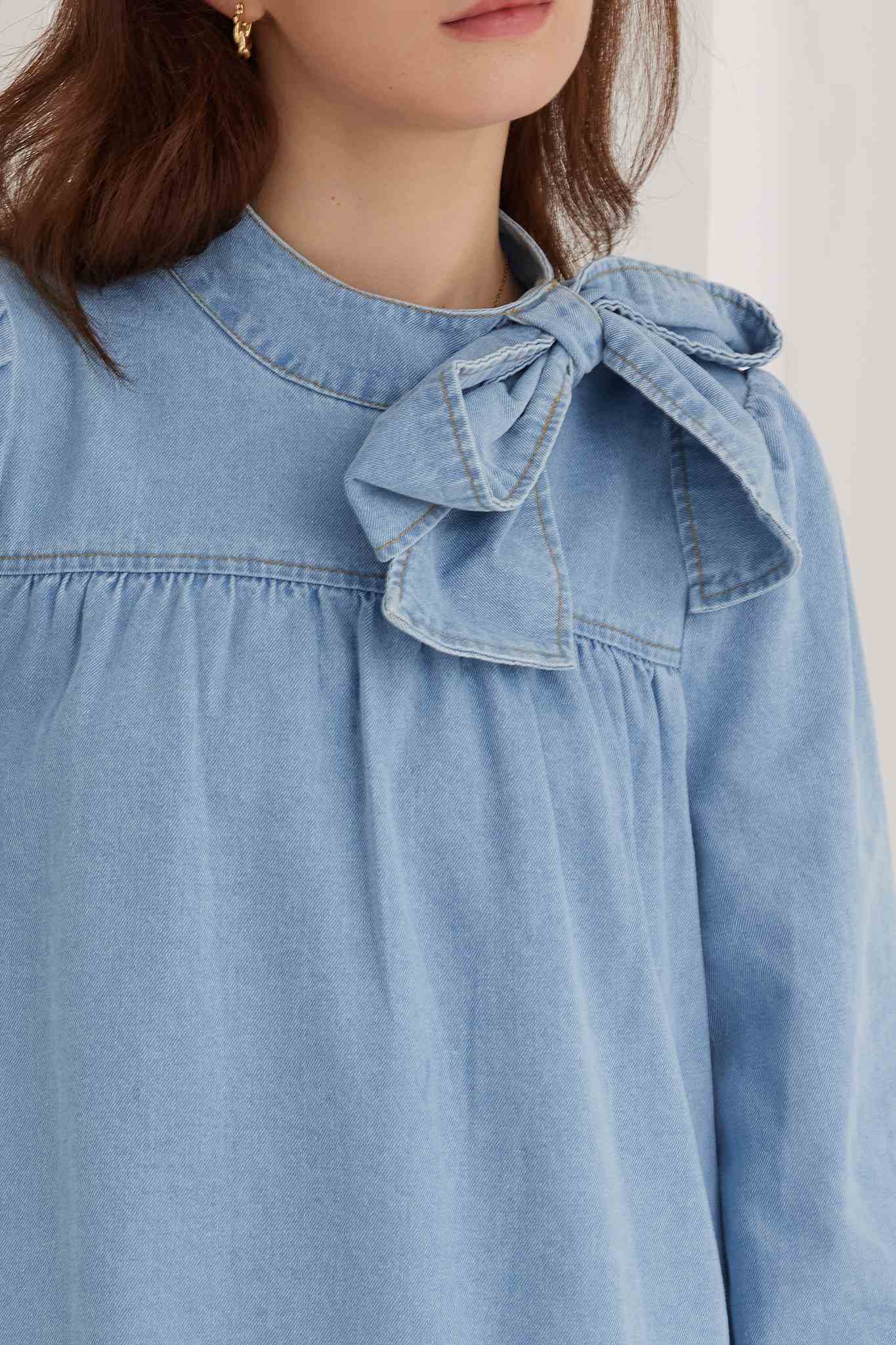 Ezapine Puff Long Sleeve Denim Dress With Bow