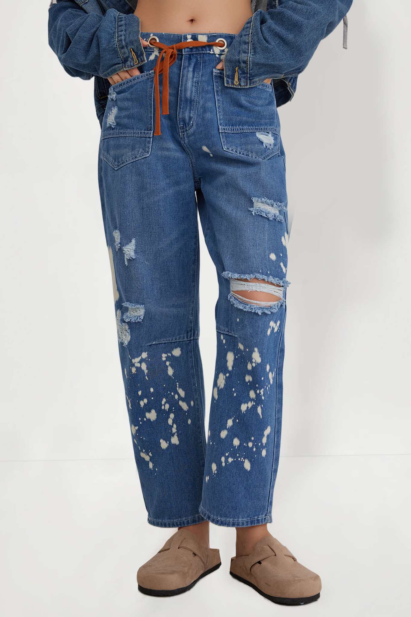 Lifeshe Mid Rise Drawstring Wide Leg Denim Jeans