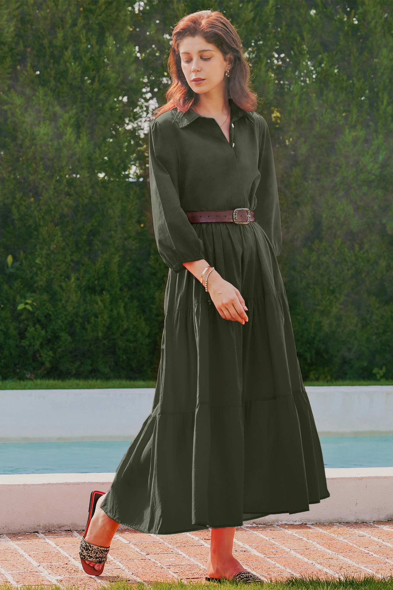 Yexpine Casual V Neck Flowy Maxi Dresses
