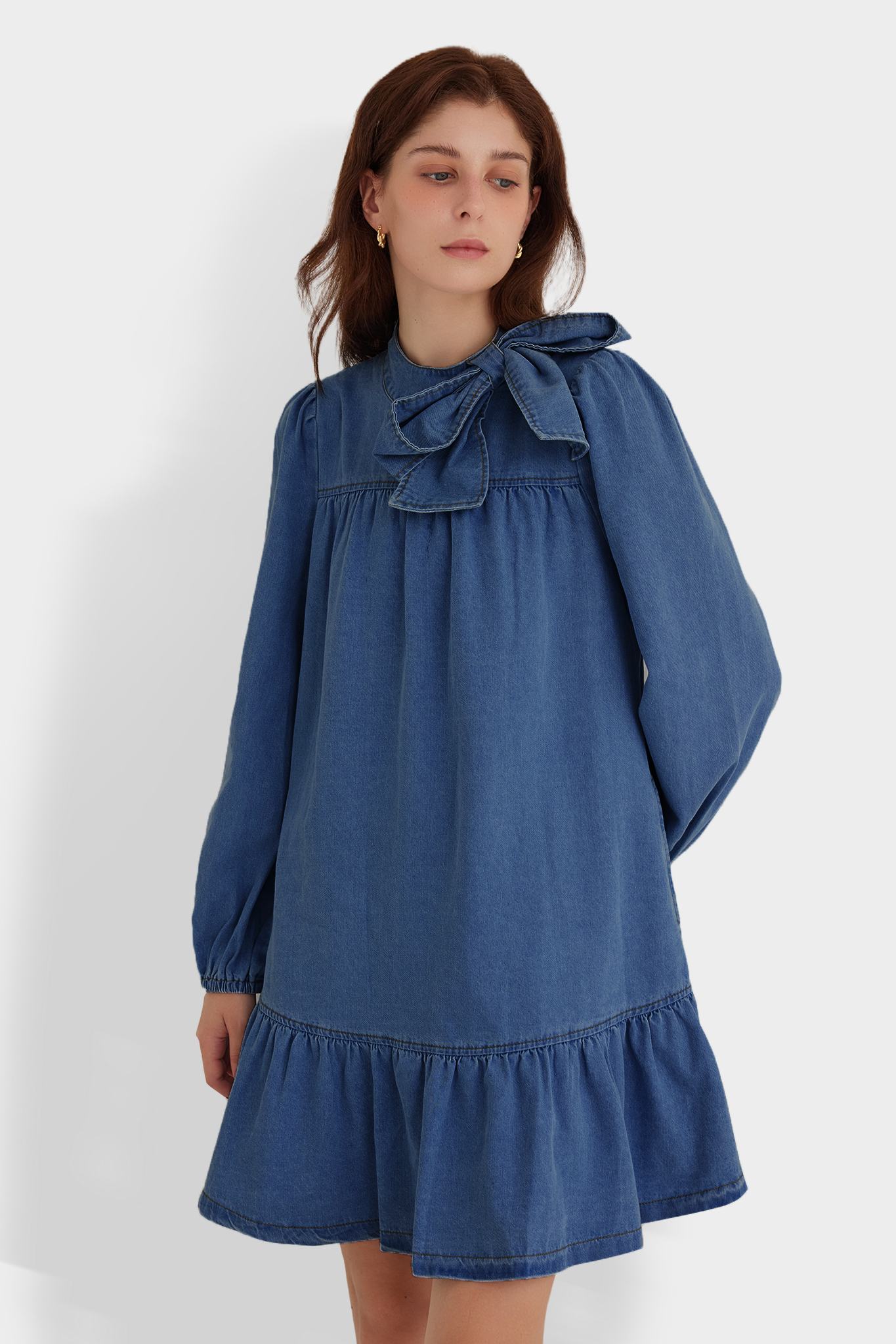 Ezapine Puff Long Sleeve Denim Dress With Bow